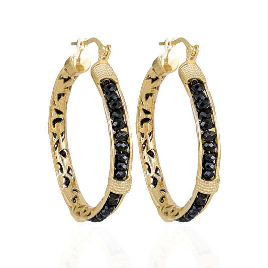Black Spinel Hoop Earrings Gemstone Beads Embraced in Gold Scrollwork