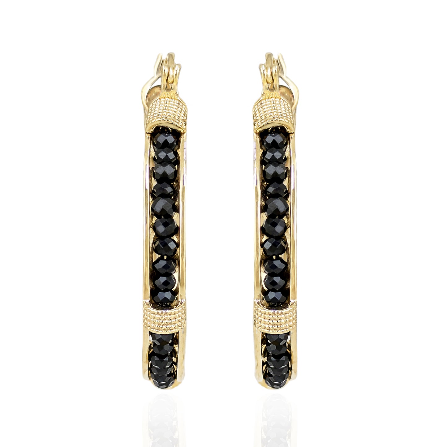 Black Spinel Hoop Earrings Gemstone Beads Embraced in Gold Scrollwork
