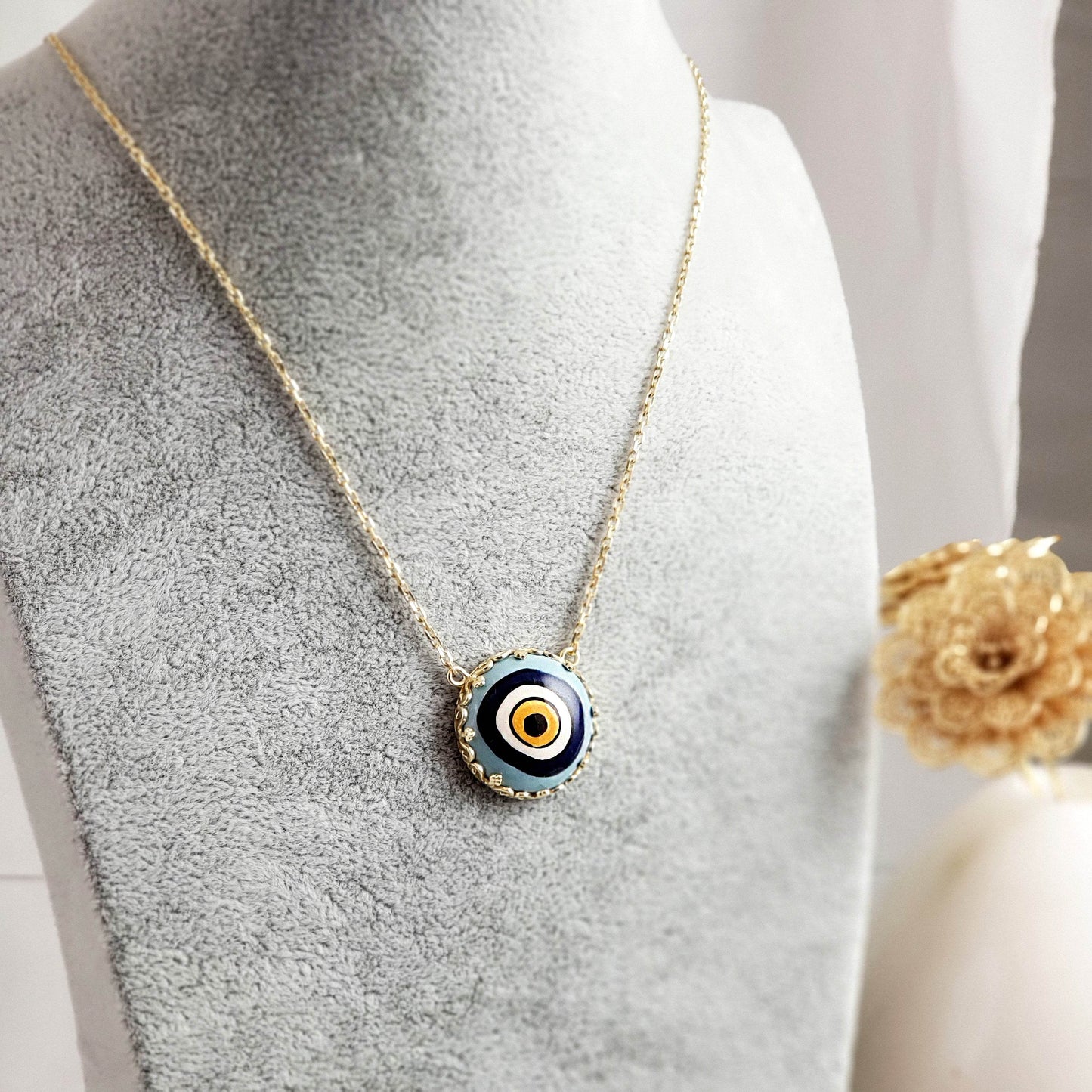 Gold over Silver Hand Painted Ceramic One of a Kind Evil Eye Necklace 18+2 - TurkishBling