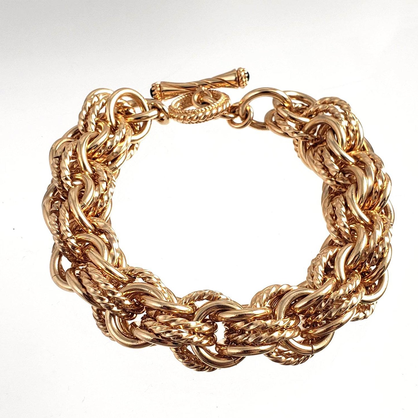 Bold Link Bracelet with Cable and High Polished Links and Gemstone Accented Toggle v White Gold - TurkishBling