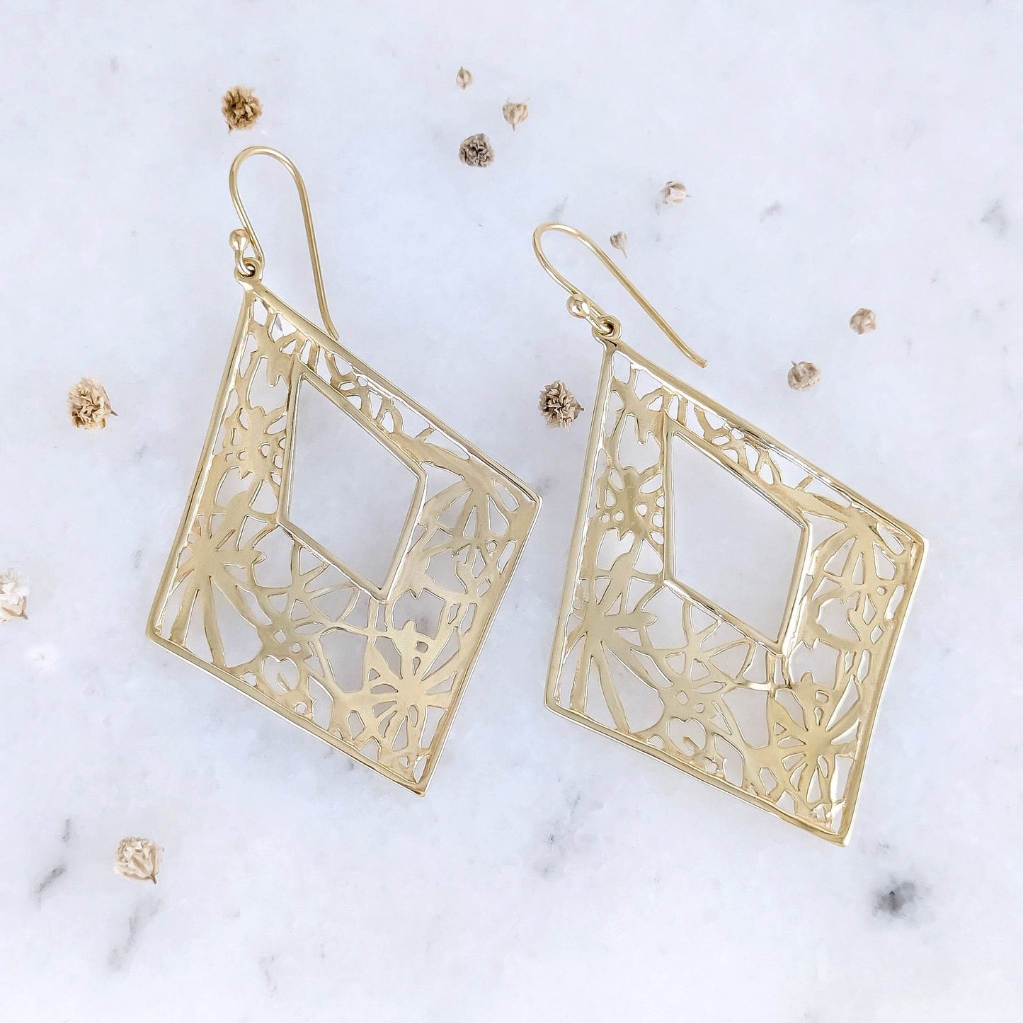 Diamond-Shape Dangle Earrings with Floral Cutout Motif - TurkishBling