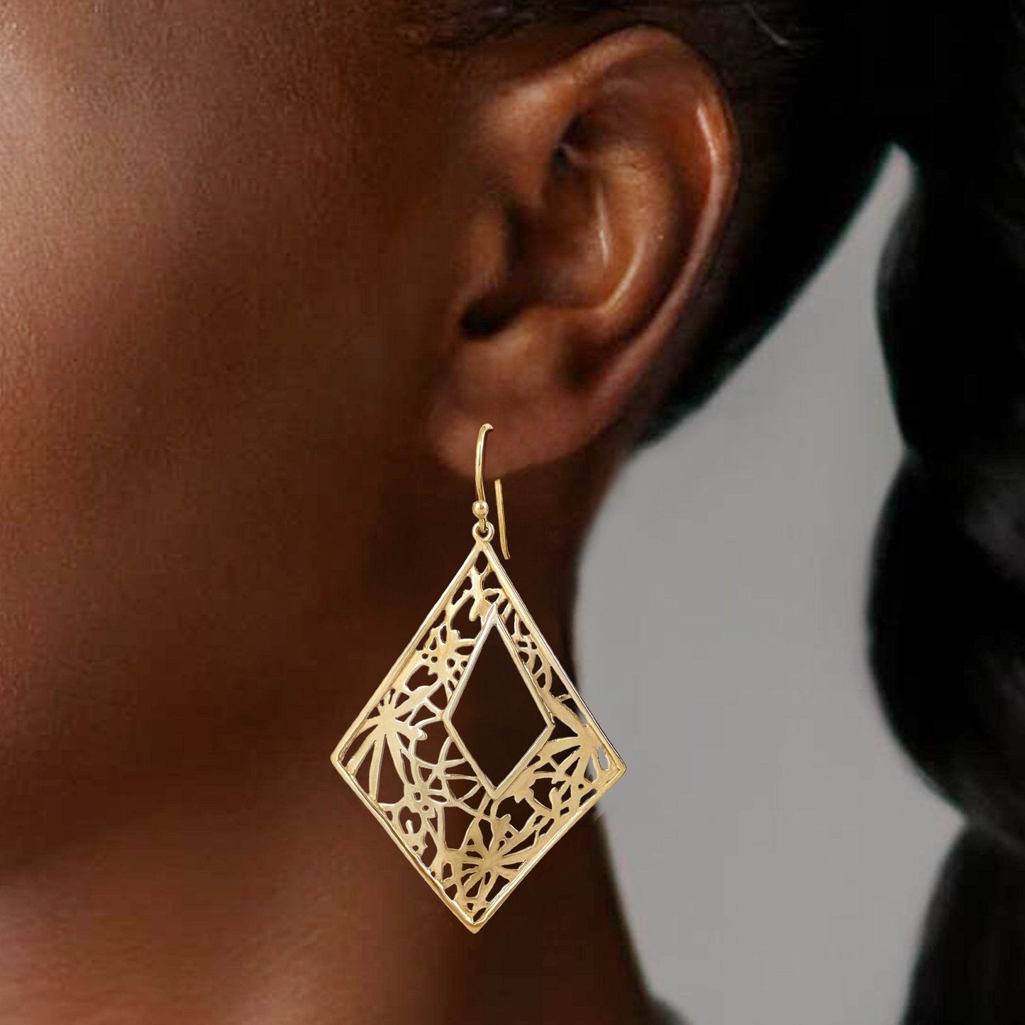 Diamond-Shape Dangle Earrings with Floral Cutout Motif - TurkishBling