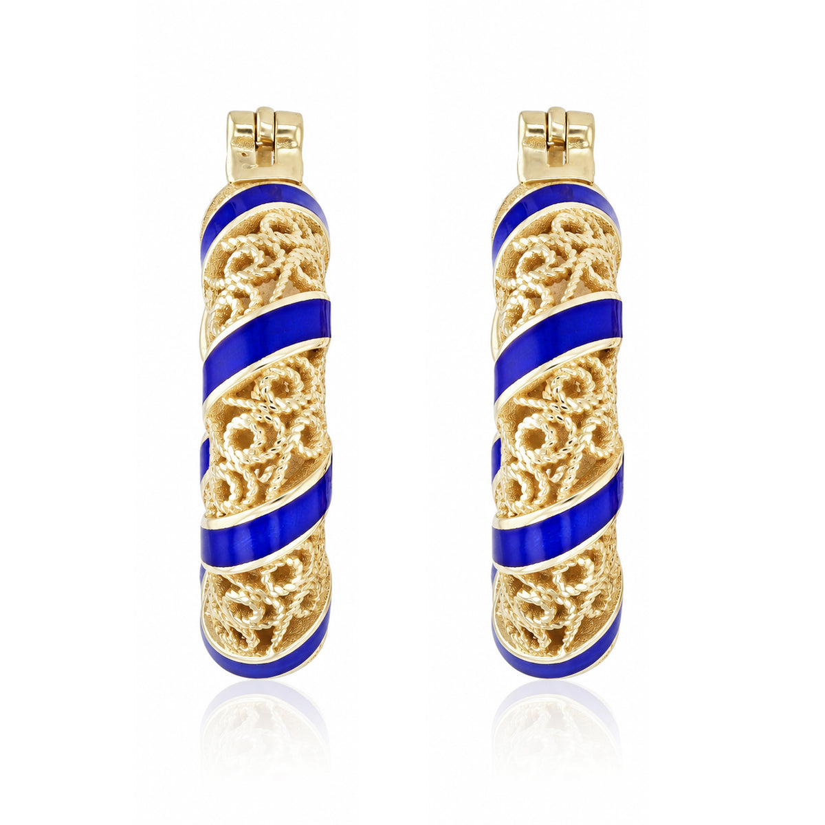 Blue Enamel Scrollwork Hoop Earrings – Twisted Openwork Design