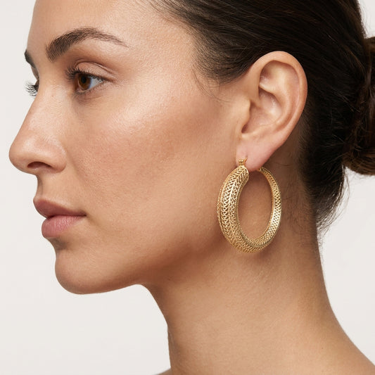 39.5mm Diameter Graduated Form Filigree Hoop Earring - Gold over sterling silver