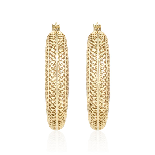 39.5mm Diameter Graduated Form Filigree Hoop Earring - Gold over sterling silver