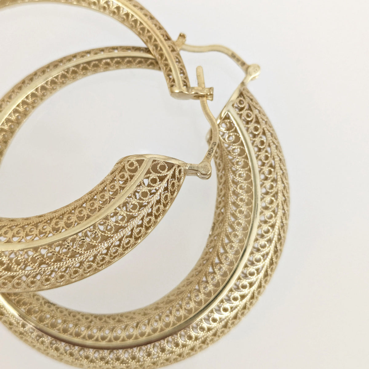 39.5mm Diameter Graduated Form Filigree Hoop Earring - Gold over sterling silver