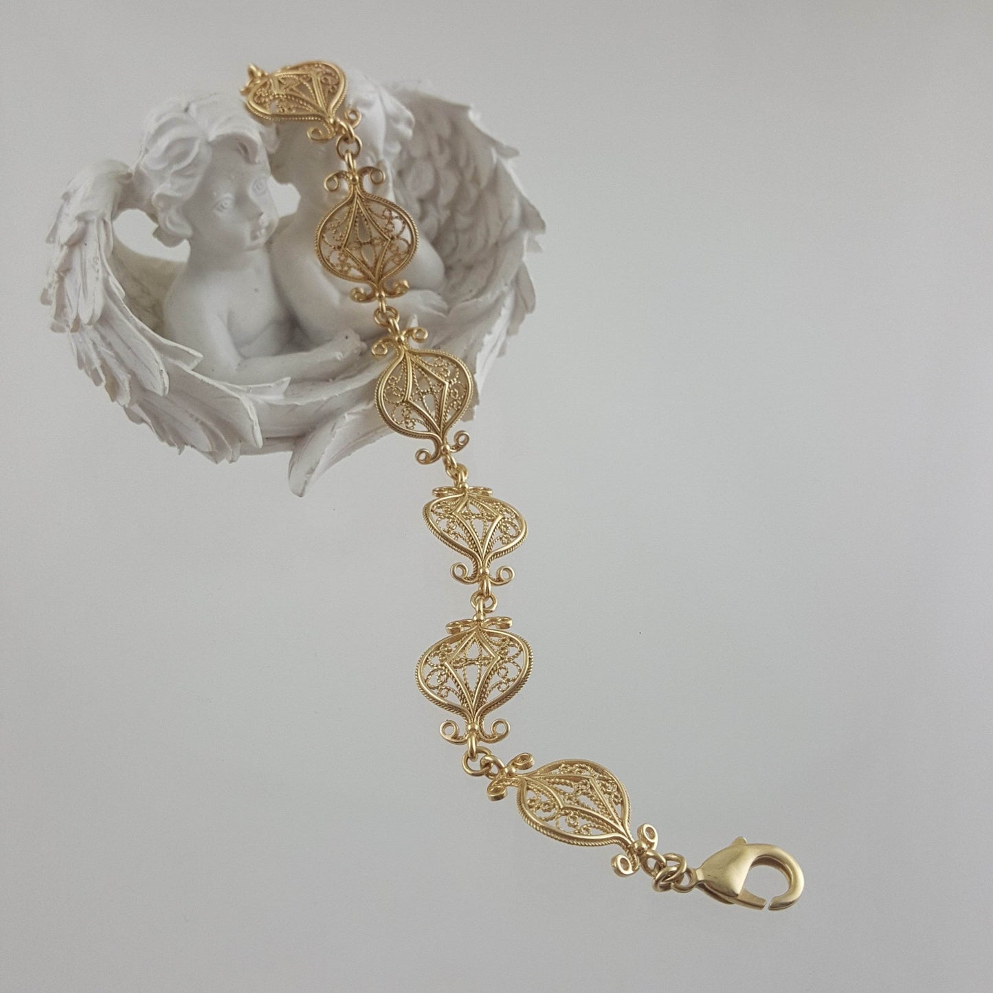Gold Plated Bronze Filigree Bracelet with Elegant Floral Design - TurkishBling