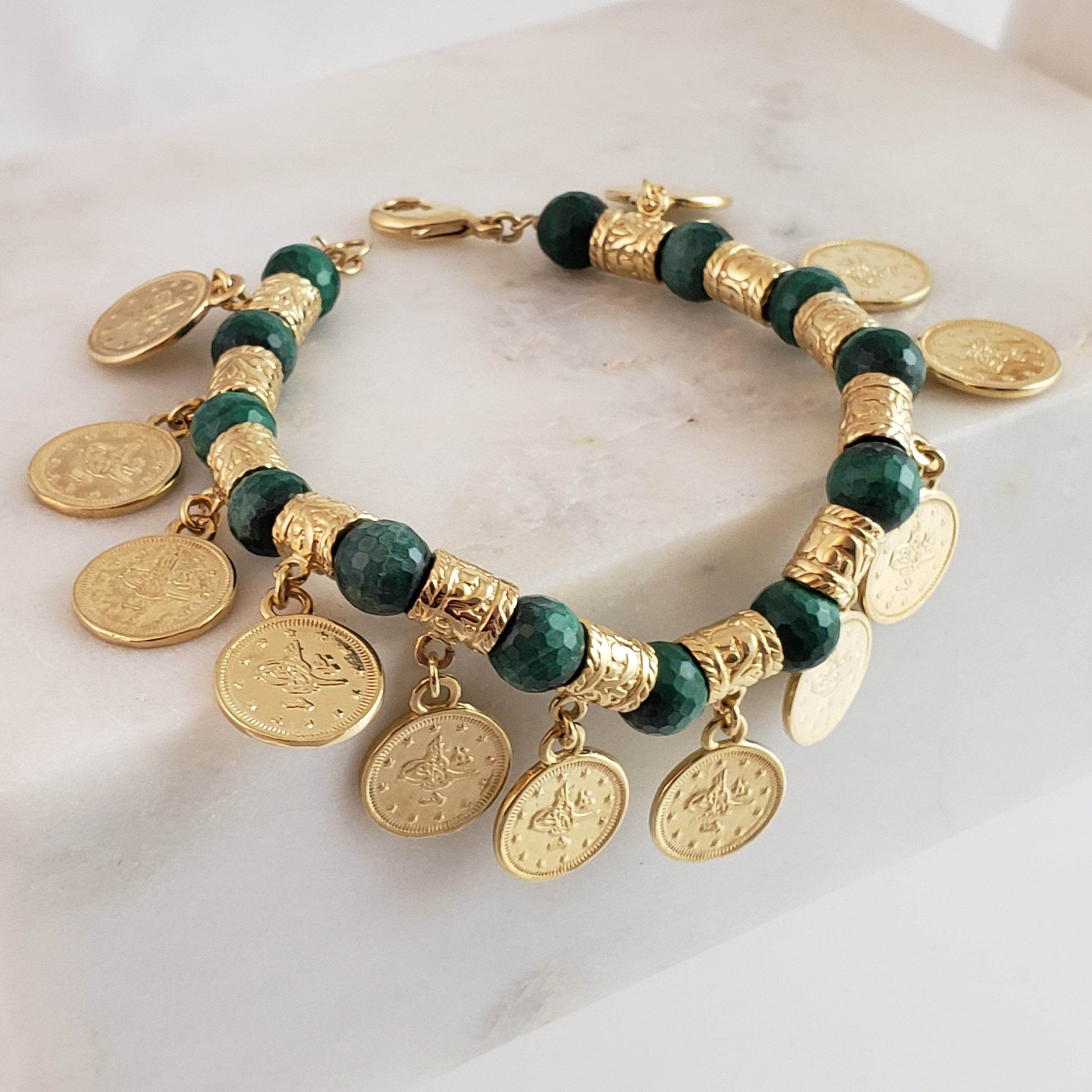 Ottoman Coin and Genuine Gemstone Turquoise Lapis Amethyst Malachite Carnelian White Agate Charm Bracelet - TurkishBling