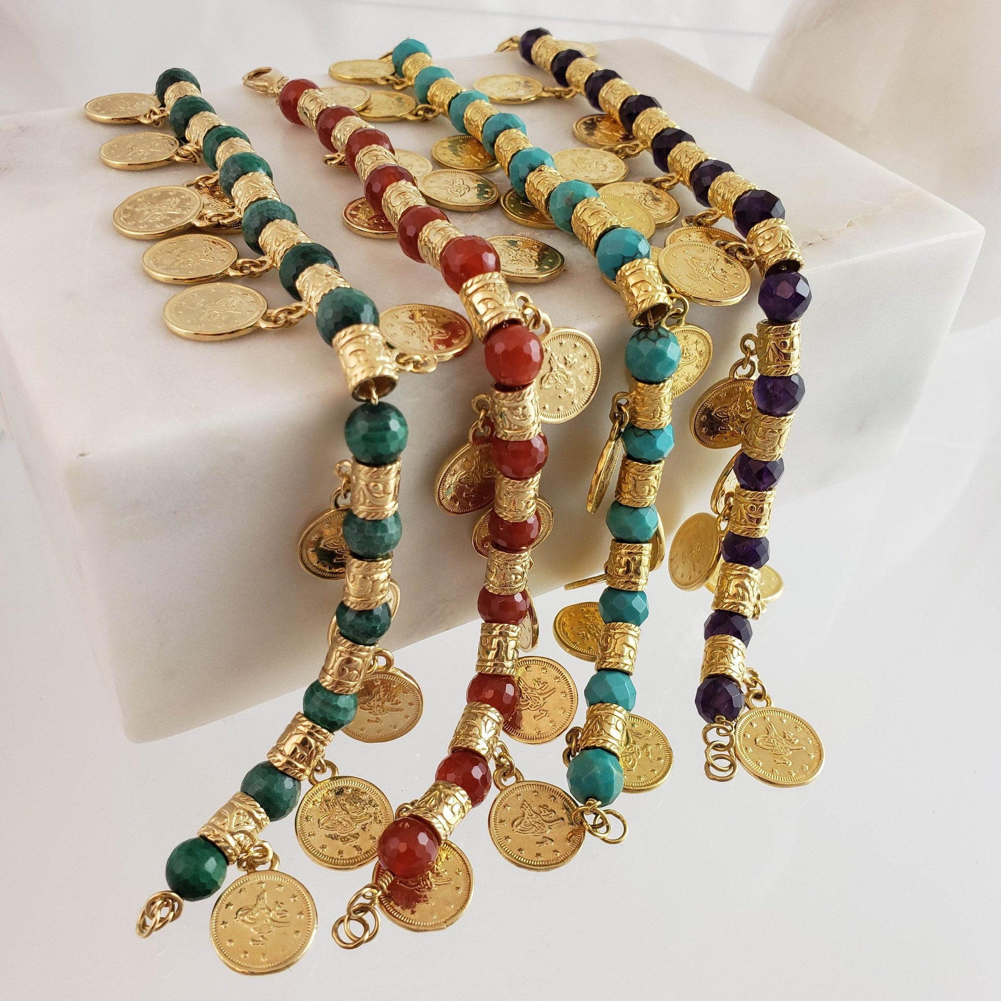 Ottoman Coin and Genuine Gemstone Turquoise Lapis Amethyst Malachite Carnelian White Agate Charm Bracelet - TurkishBling