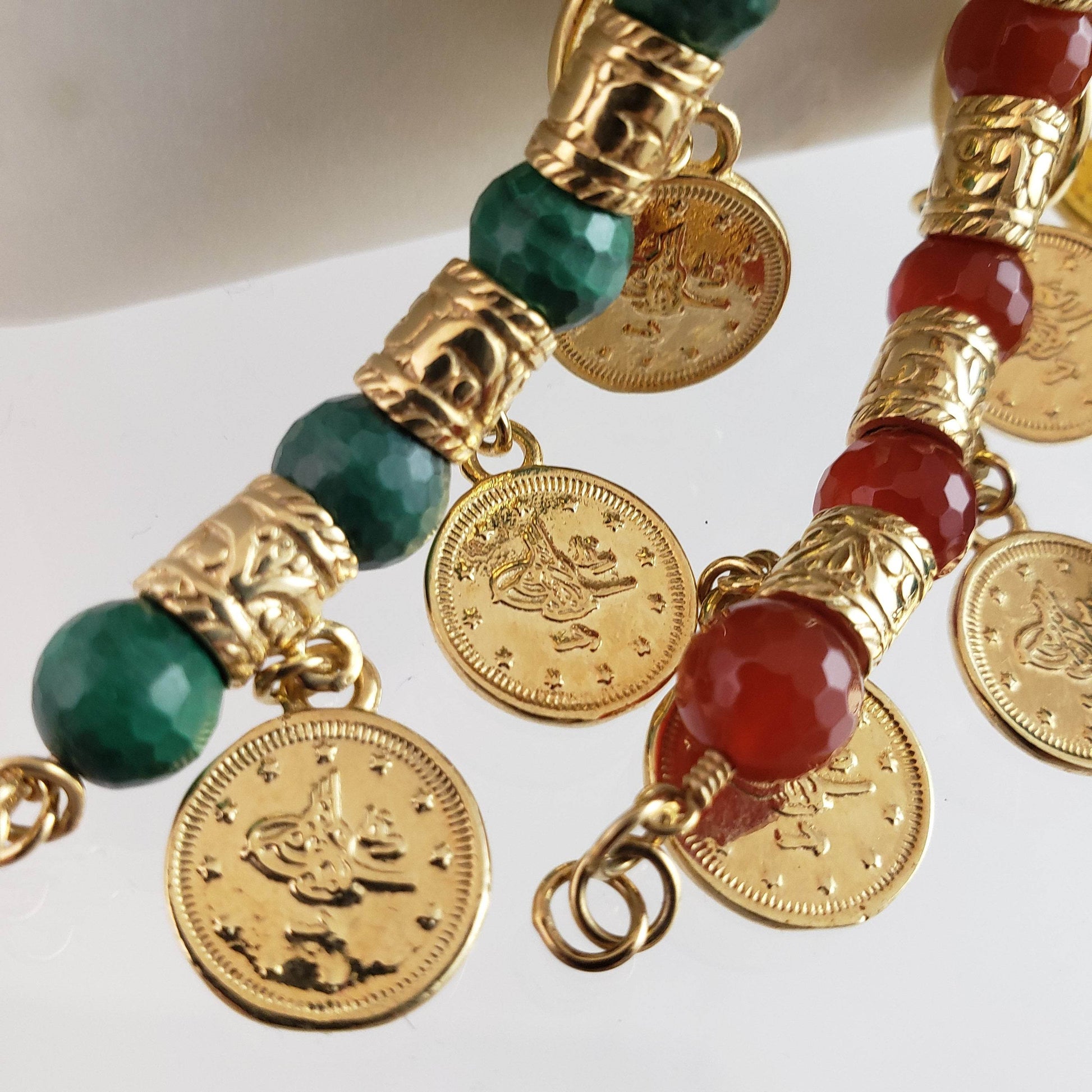 Ottoman Coin and Genuine Gemstone Turquoise Lapis Amethyst Malachite Carnelian White Agate Charm Bracelet - TurkishBling