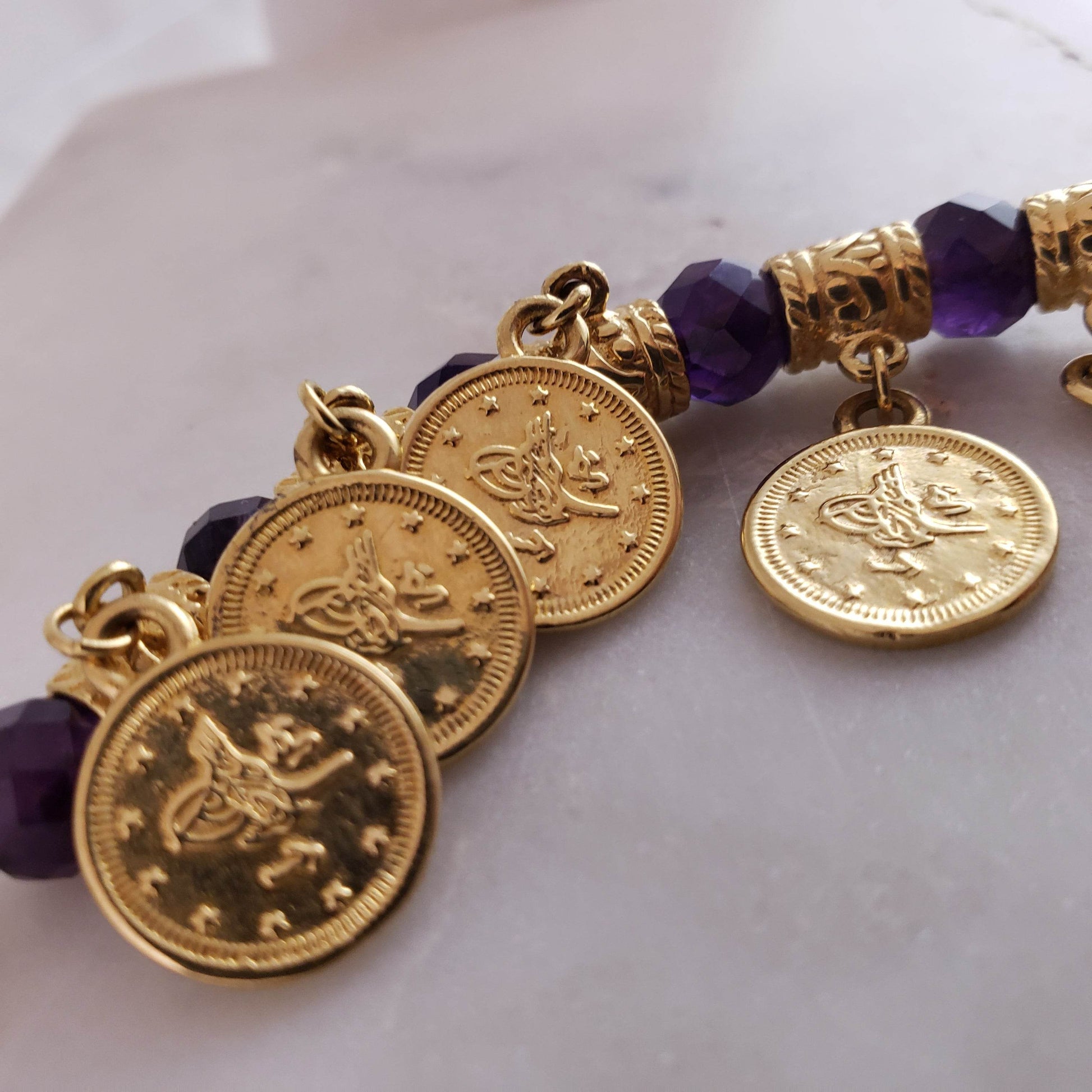 Ottoman Coin and Genuine Gemstone Turquoise Lapis Amethyst Malachite Carnelian White Agate Charm Bracelet - TurkishBling