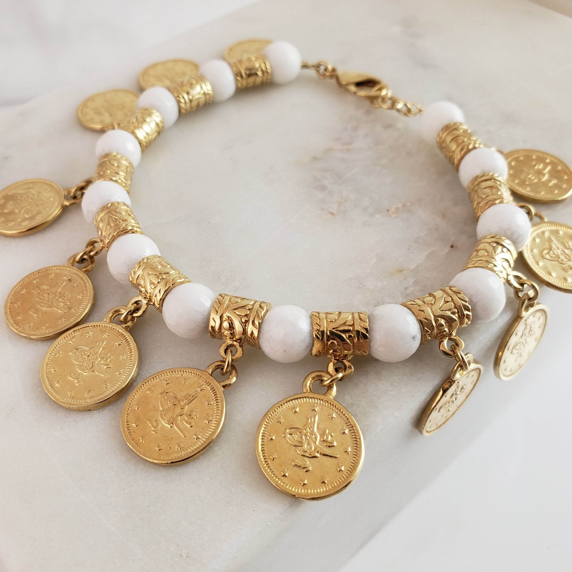 Ottoman Coin and Genuine Gemstone Turquoise Lapis Amethyst Malachite Carnelian White Agate Charm Bracelet - TurkishBling
