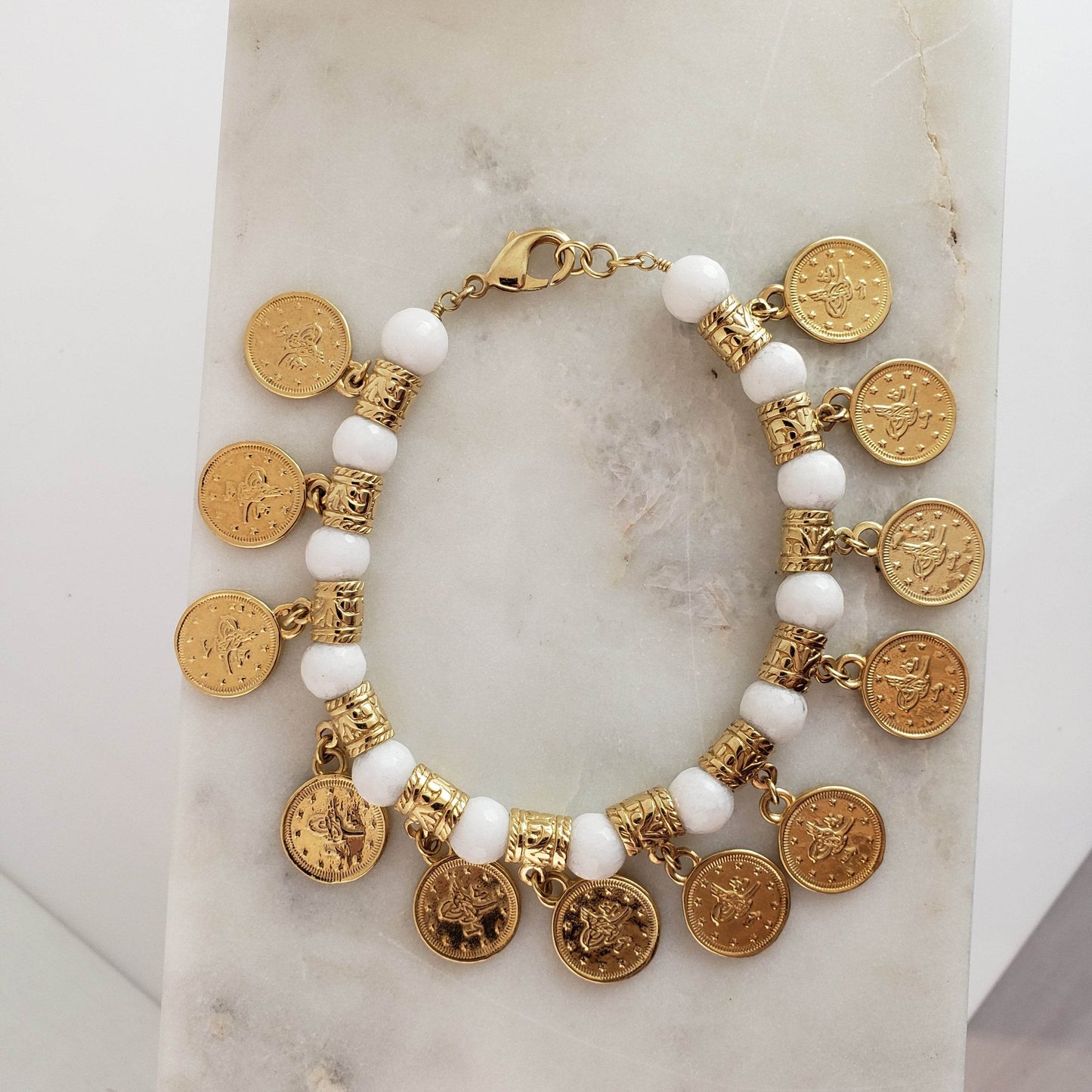 Ottoman Coin and Genuine Gemstone Turquoise Lapis Amethyst Malachite Carnelian White Agate Charm Bracelet - TurkishBling