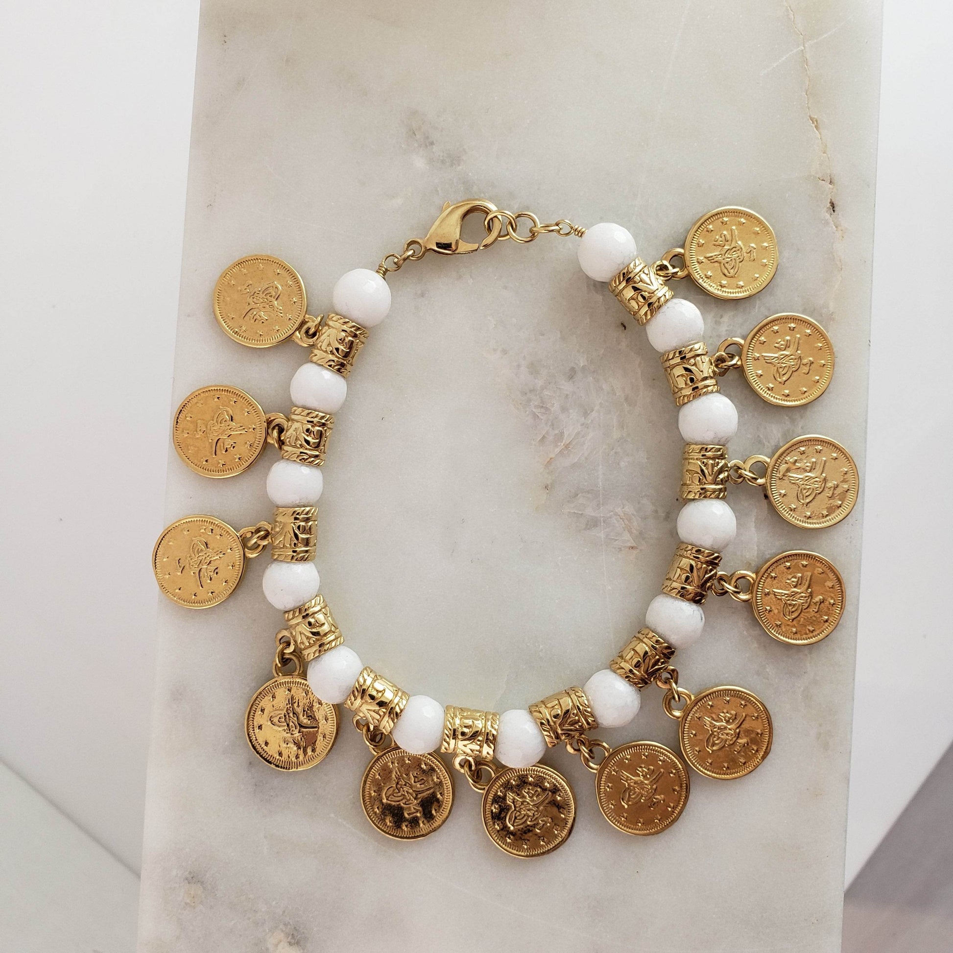 Ottoman Coin and Genuine Gemstone Turquoise Lapis Amethyst Malachite Carnelian White Agate Charm Bracelet - TurkishBling