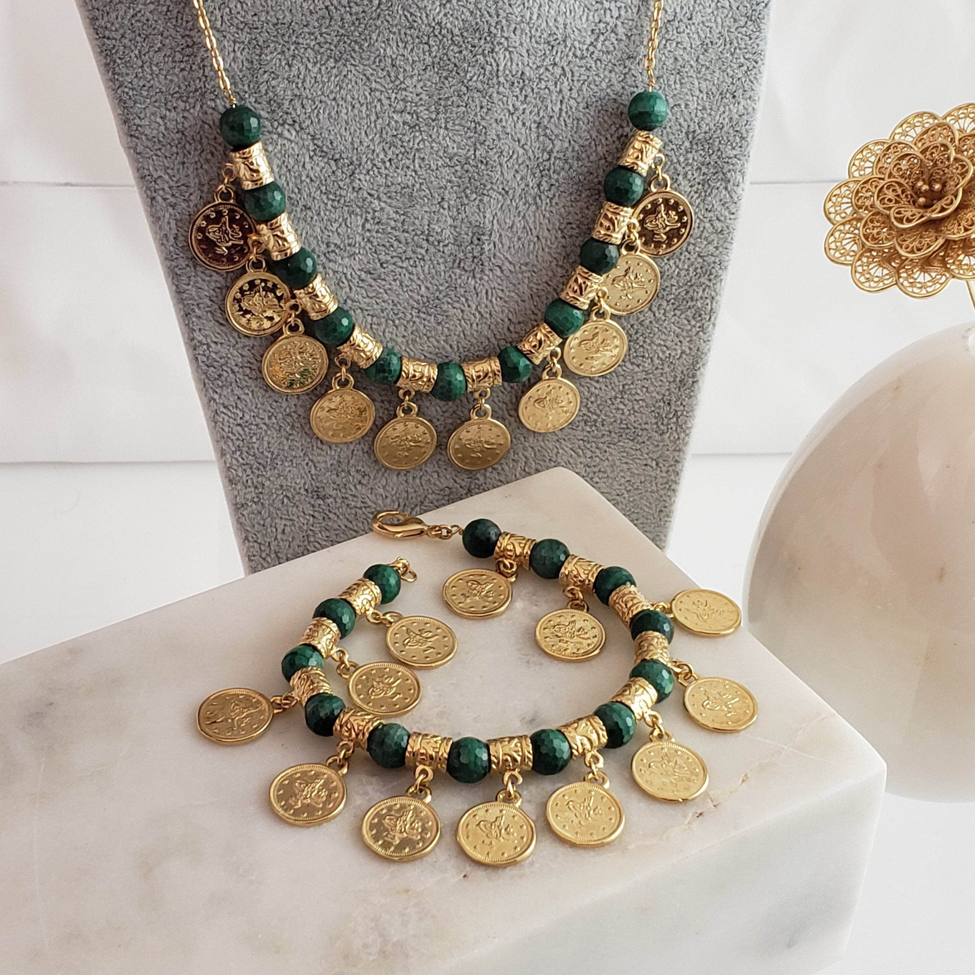 Ottoman Coin and Genuine Gemstone Turquoise Lapis Amethyst Malachite Carnelian White Agate Charm Bracelet - TurkishBling