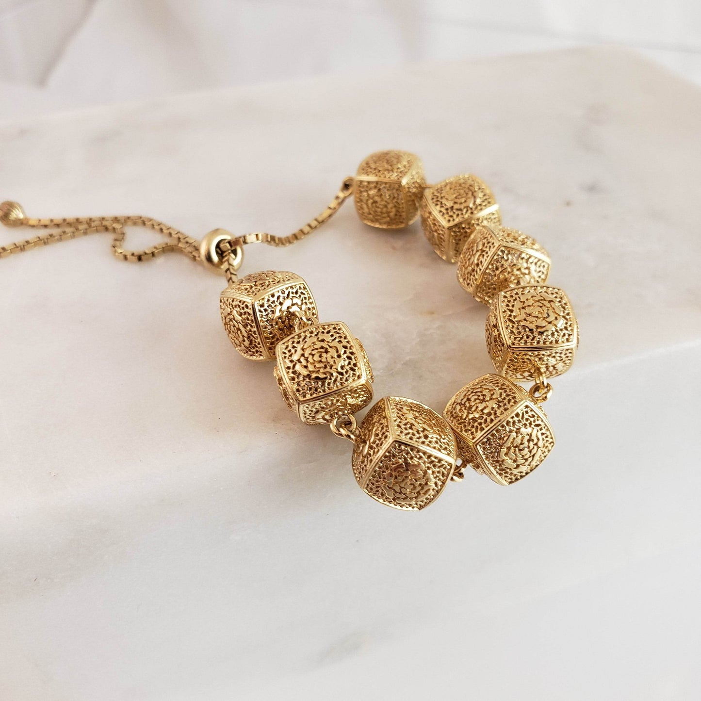 Stylish Rose Engraved Filigree Dice Slide Adjustable BOLO bracelet - TurkishBling