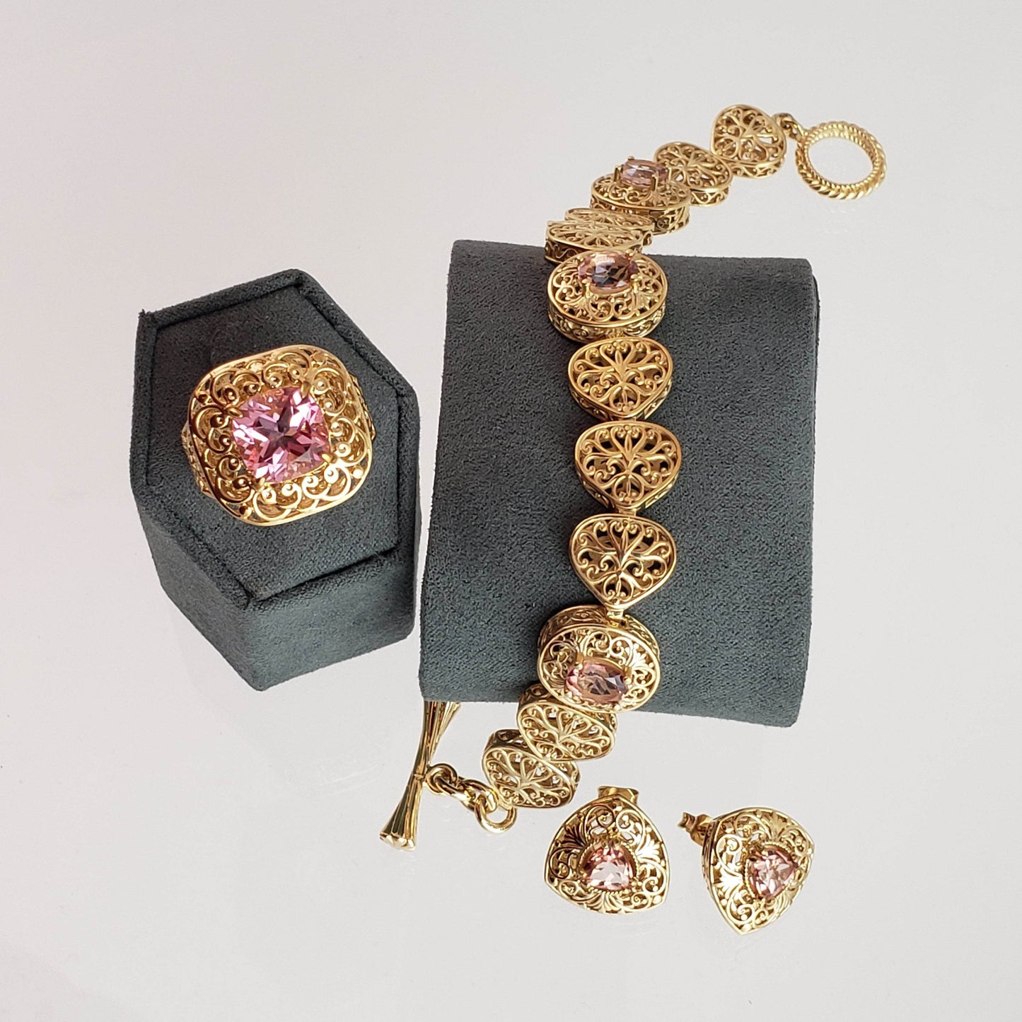 Trillion Morganite Stud Earrings with Scrollwork Filigree - TurkishBling