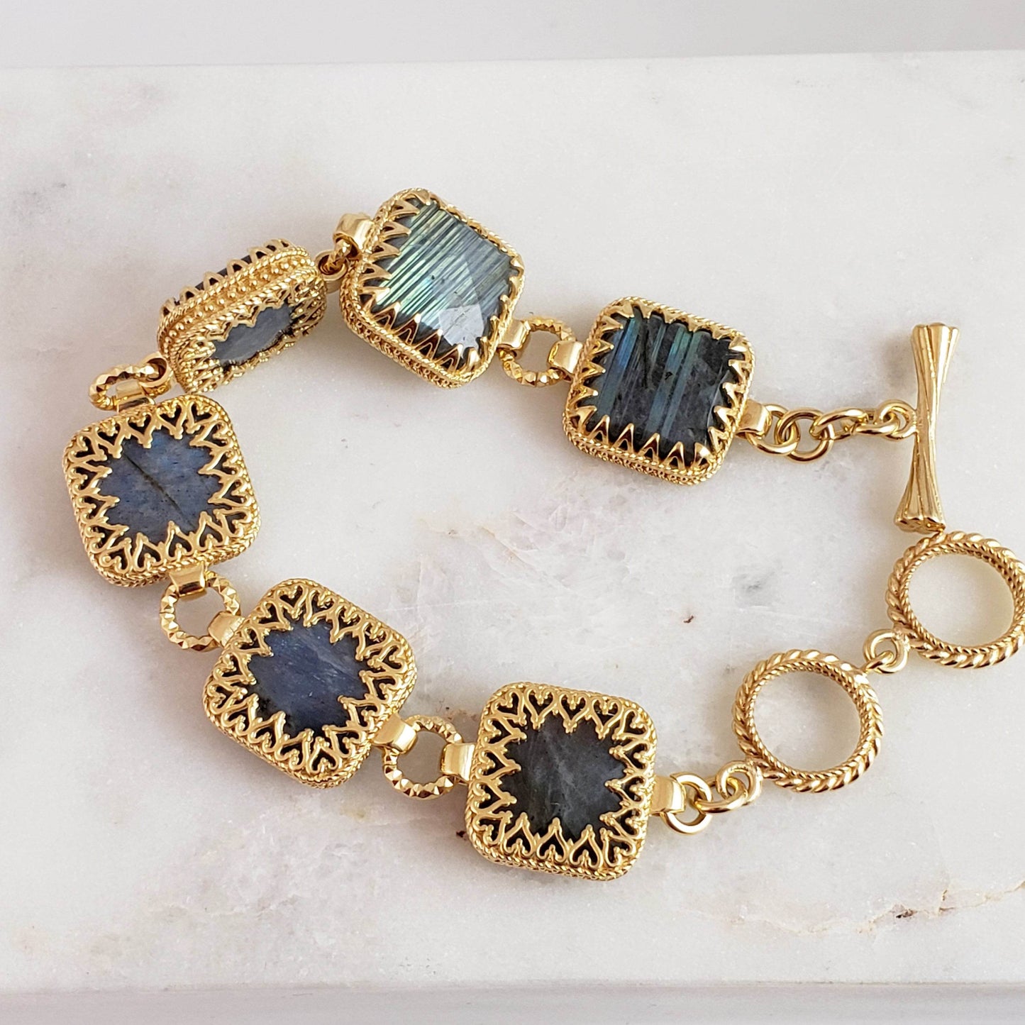 Reversible Labradorite Gemstone Bracelet with Lace Bezel - TurkishBling