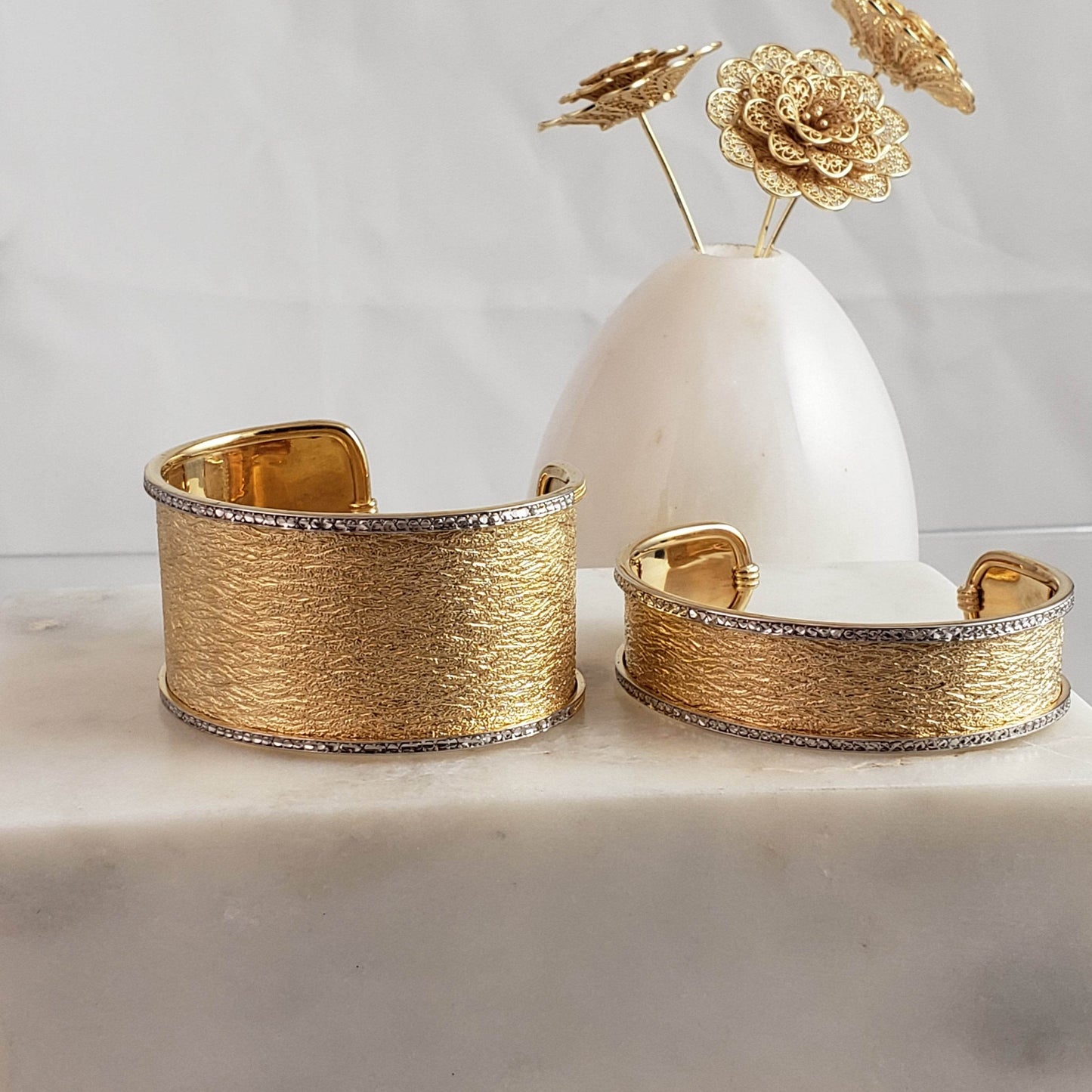 Textured Cuff Bracelet with Diamond-Cut Sparkle - Wide Cuff Bangle - TurkishBling