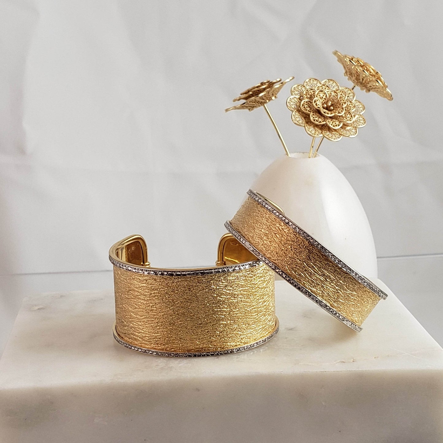 Textured Cuff Bracelet with Diamond-Cut Sparkle - Wide Cuff Bangle - TurkishBling