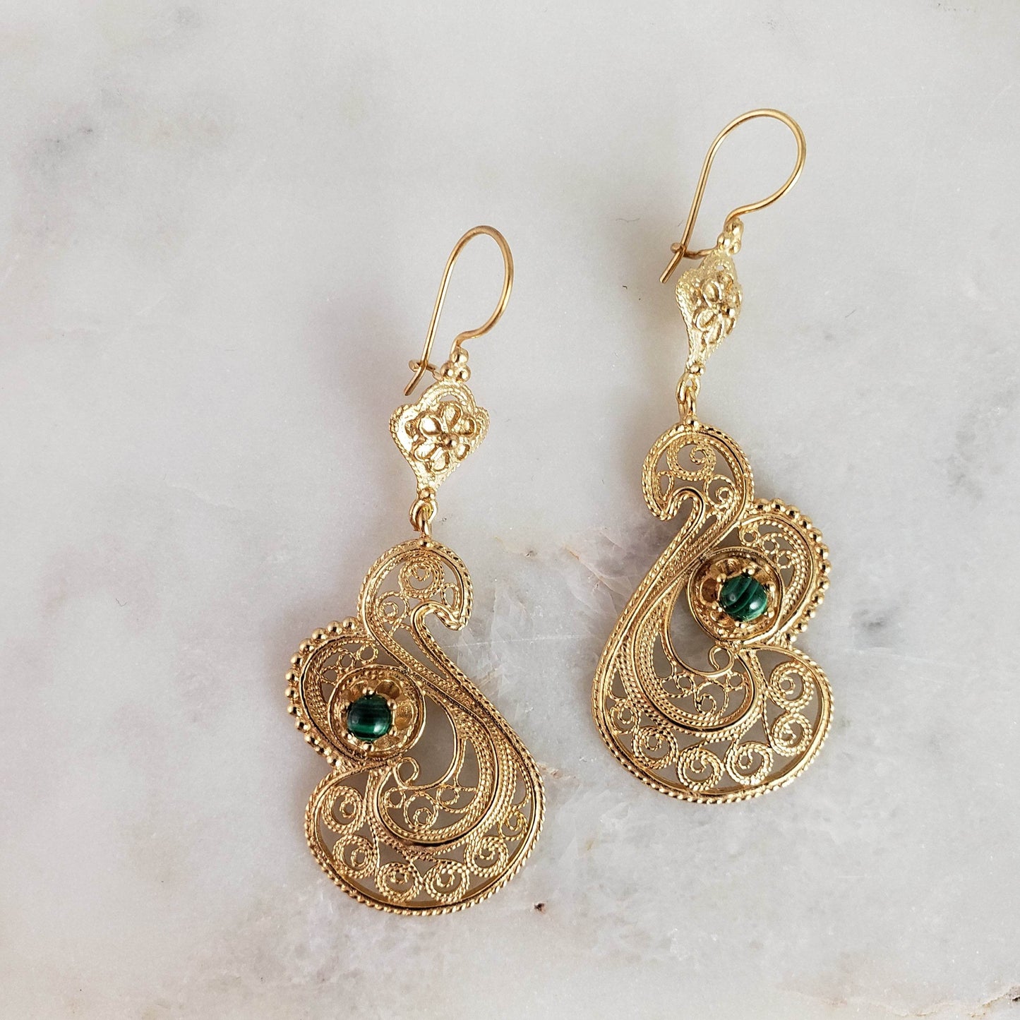 Genuine Malachite Filigree Swan Earrings - TurkishBling