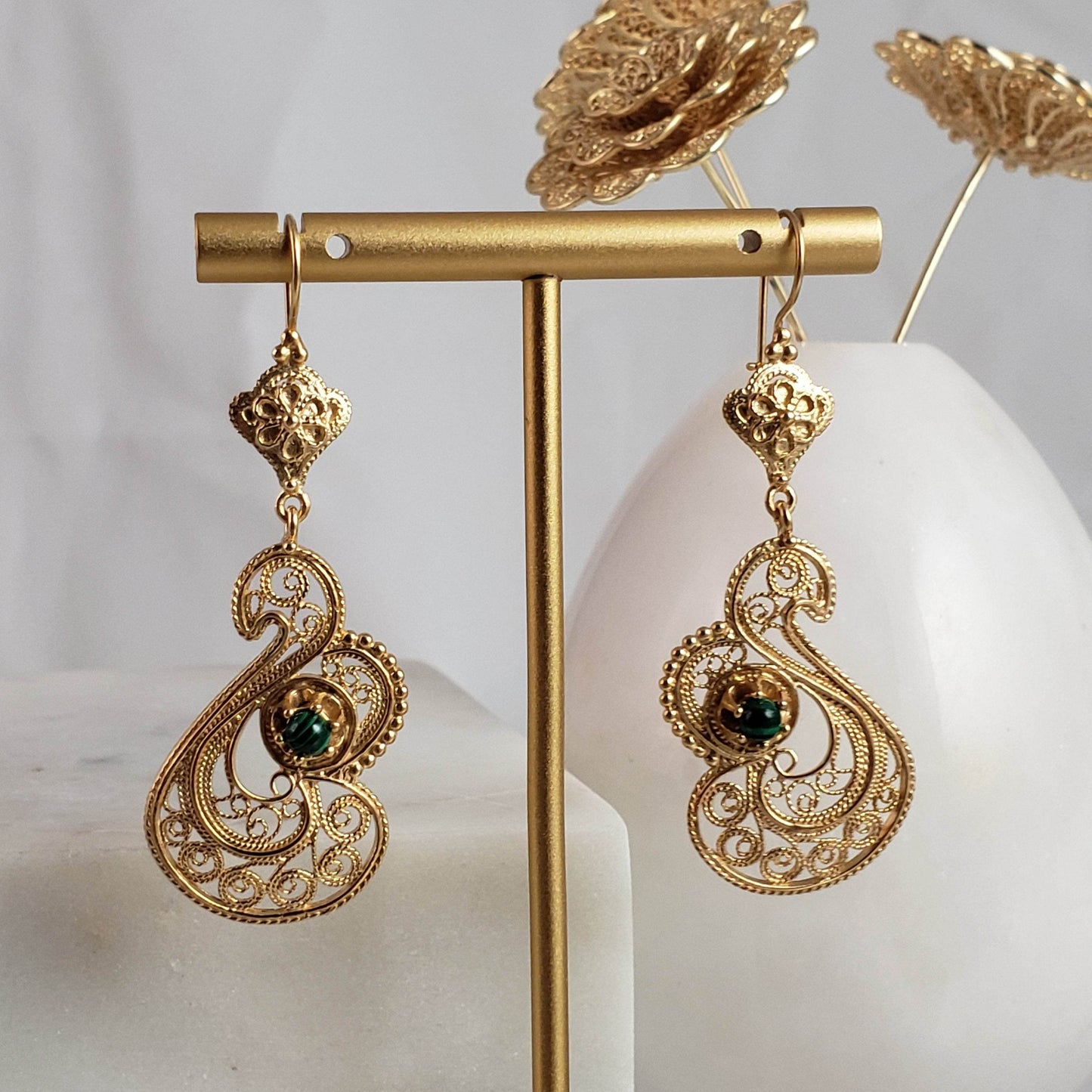 Genuine Malachite Filigree Swan Earrings - TurkishBling