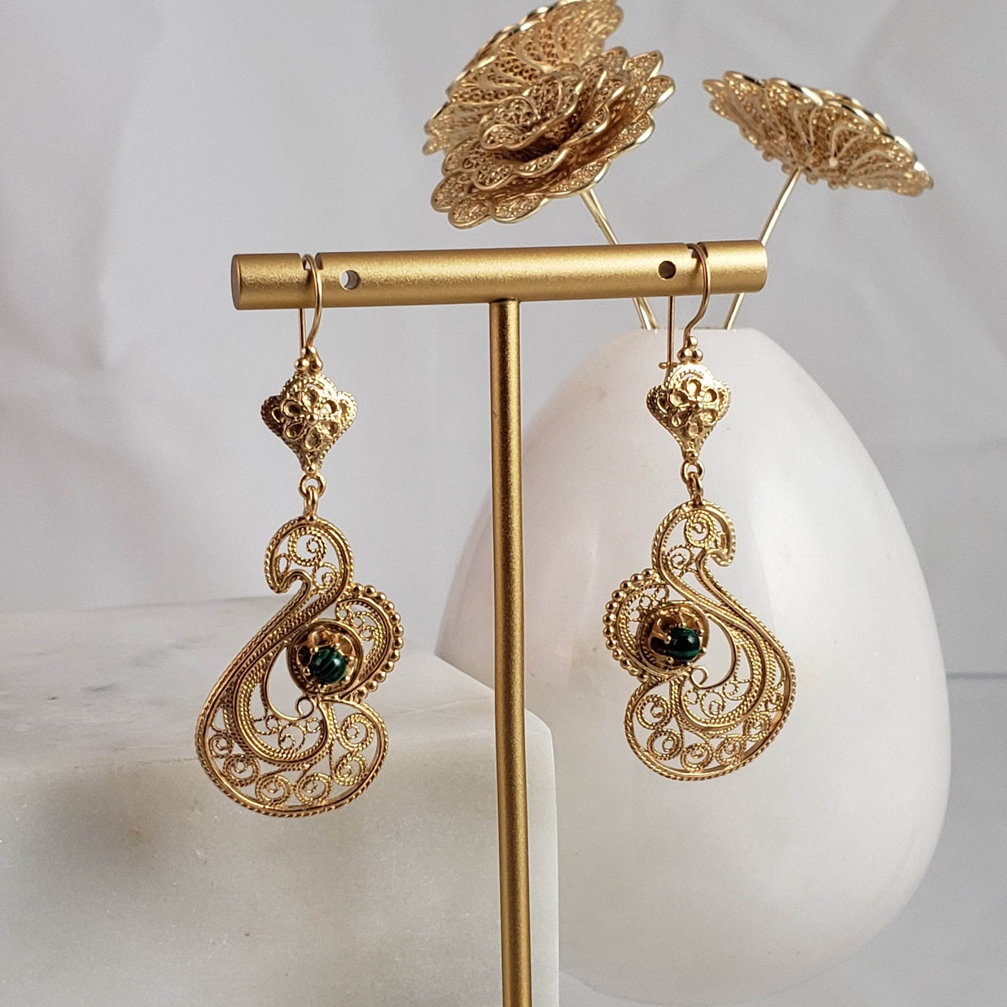 Genuine Malachite Filigree Swan Earrings - TurkishBling