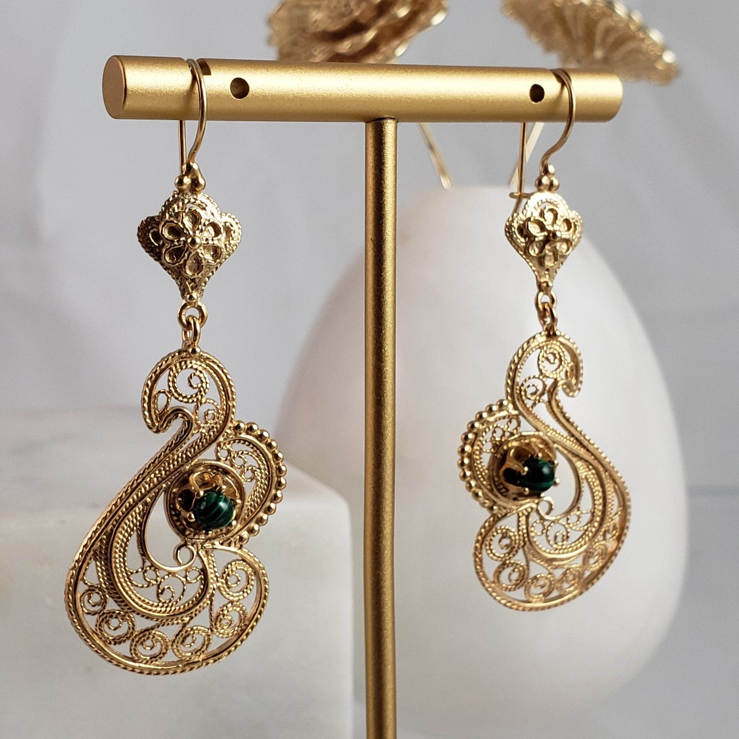 Genuine Malachite Filigree Swan Earrings - TurkishBling