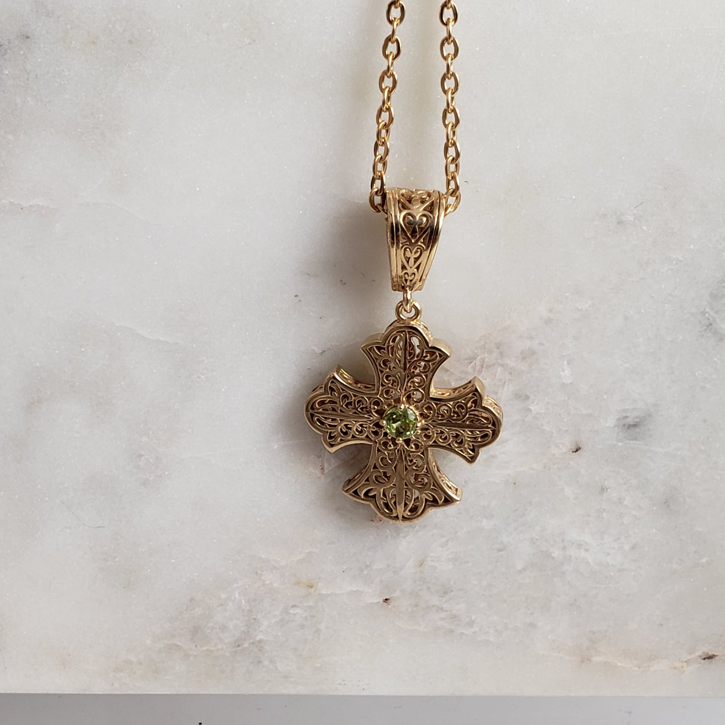 Filigree Cross Pendant Necklace with Gemstone Center
