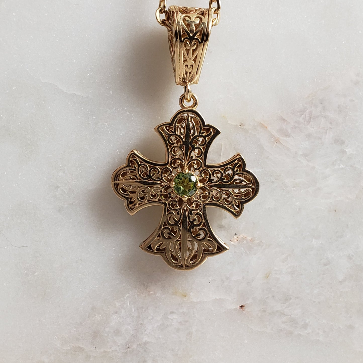 Filigree Cross Pendant Necklace with Gemstone Center