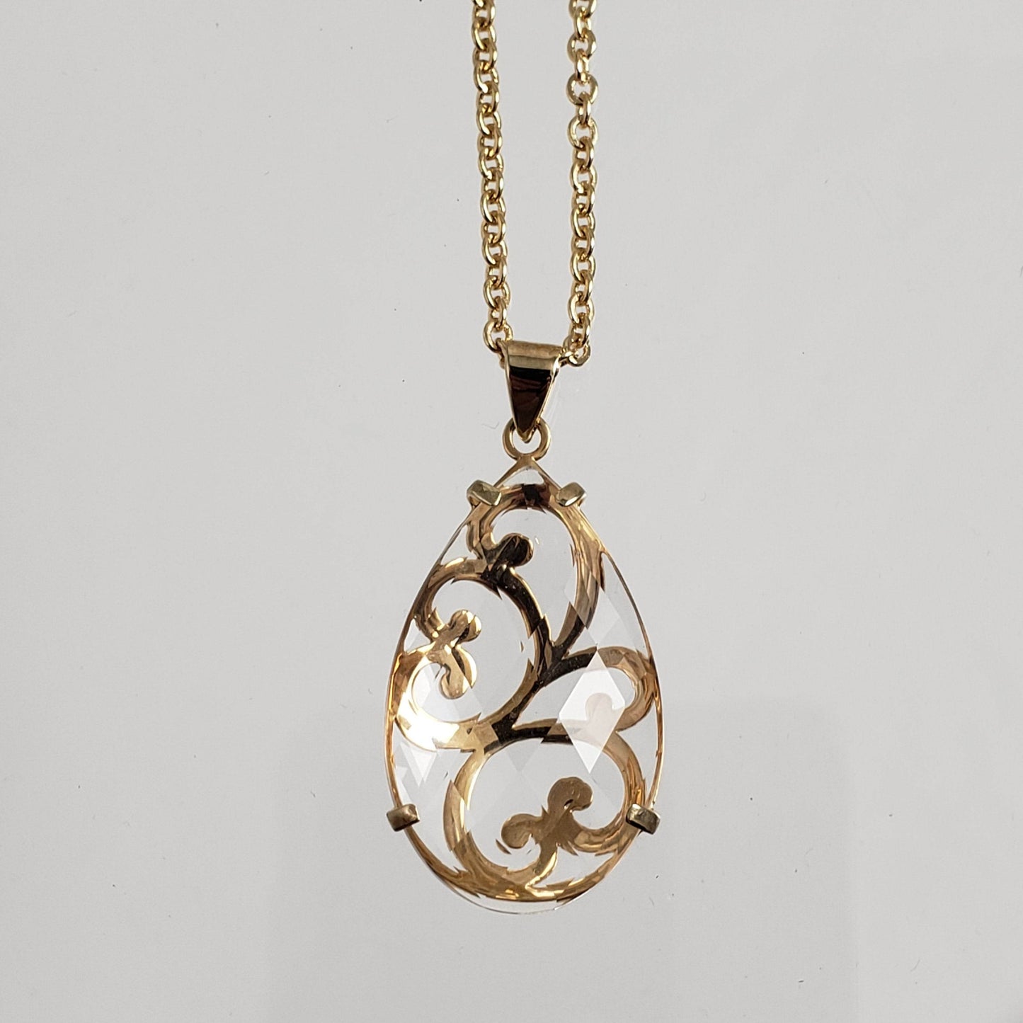 Crystal Quartz Teardrop Filigree Pendant & Chain - TurkishBling