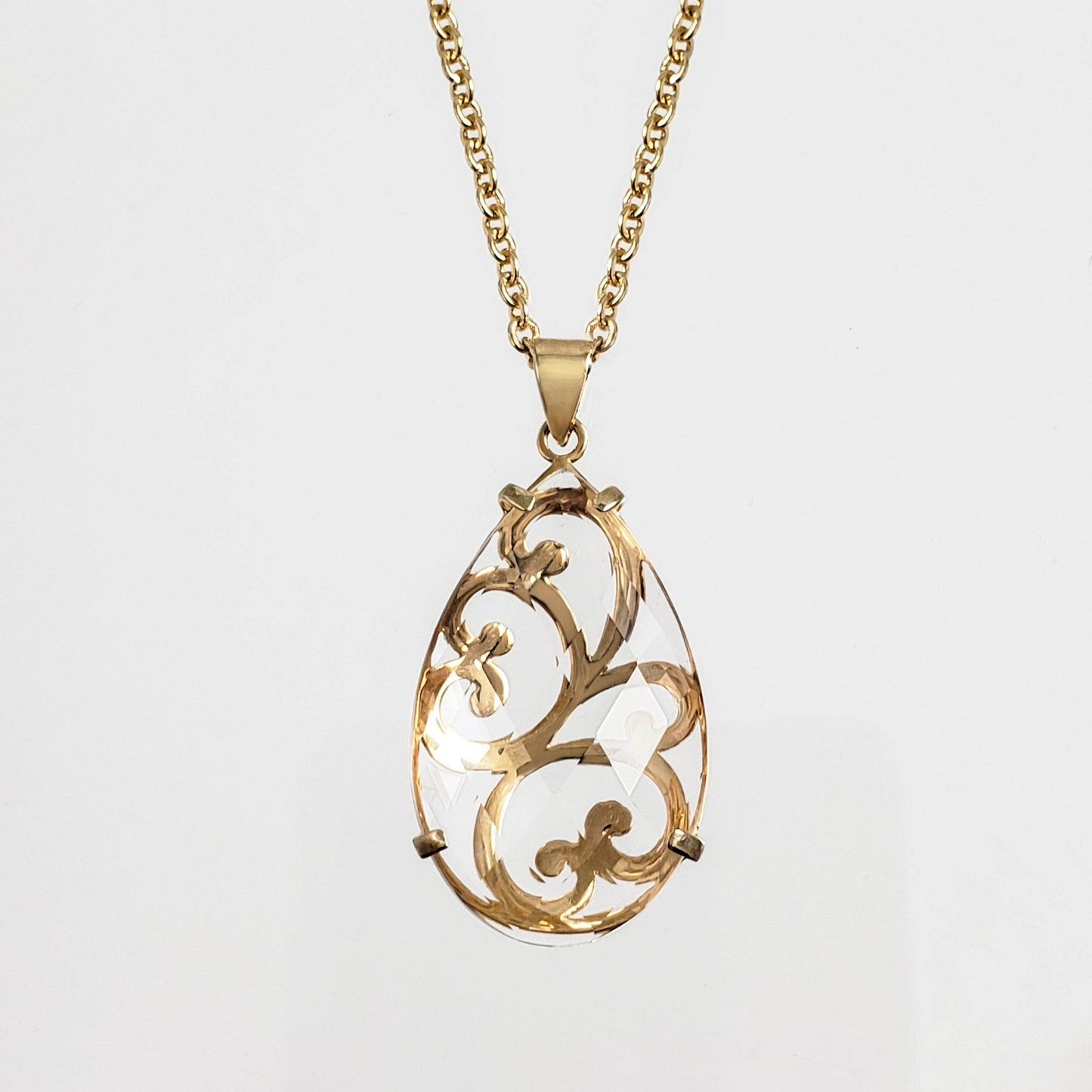 Crystal Quartz Teardrop Filigree Pendant & Chain - TurkishBling
