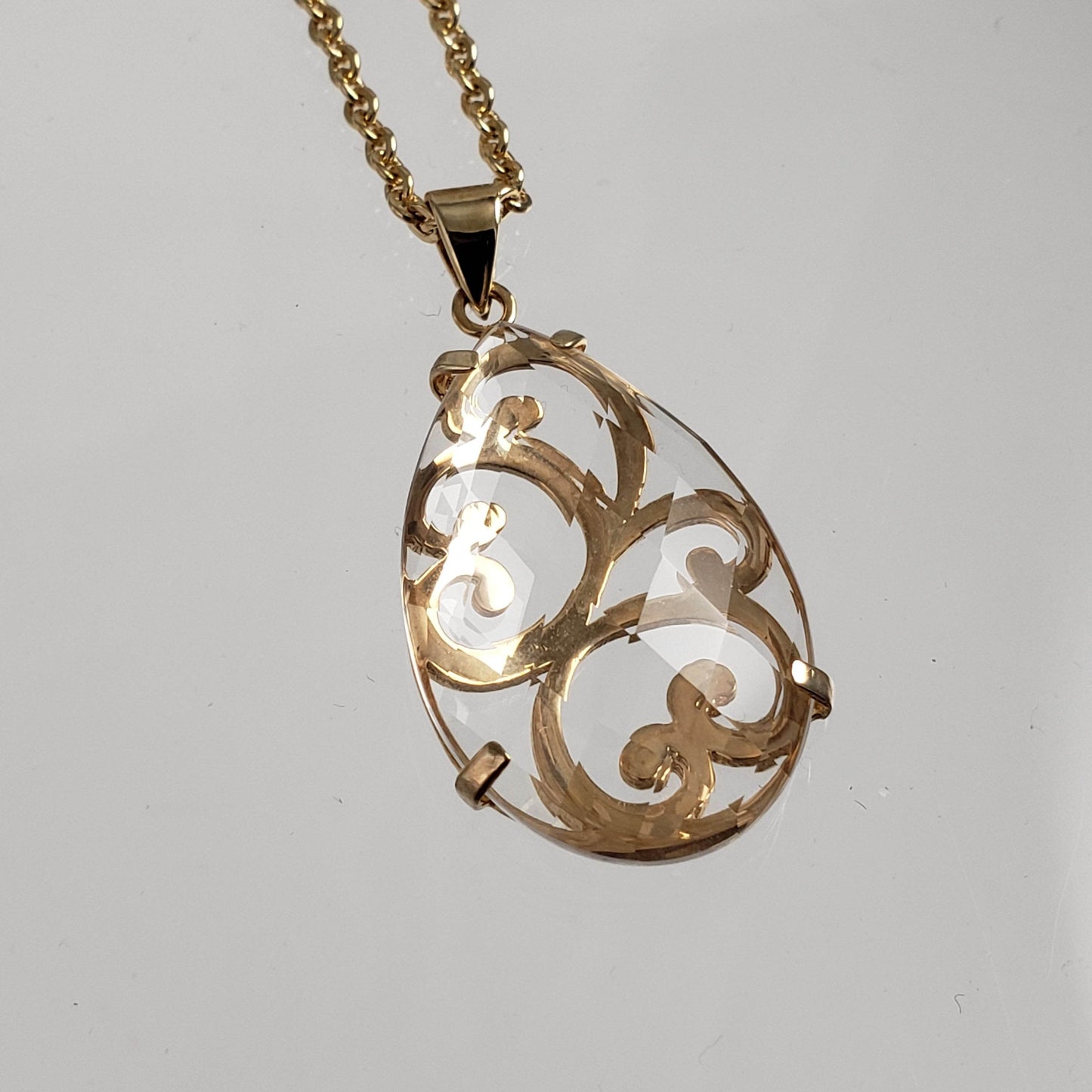 Crystal Quartz Teardrop Filigree Pendant & Chain - TurkishBling