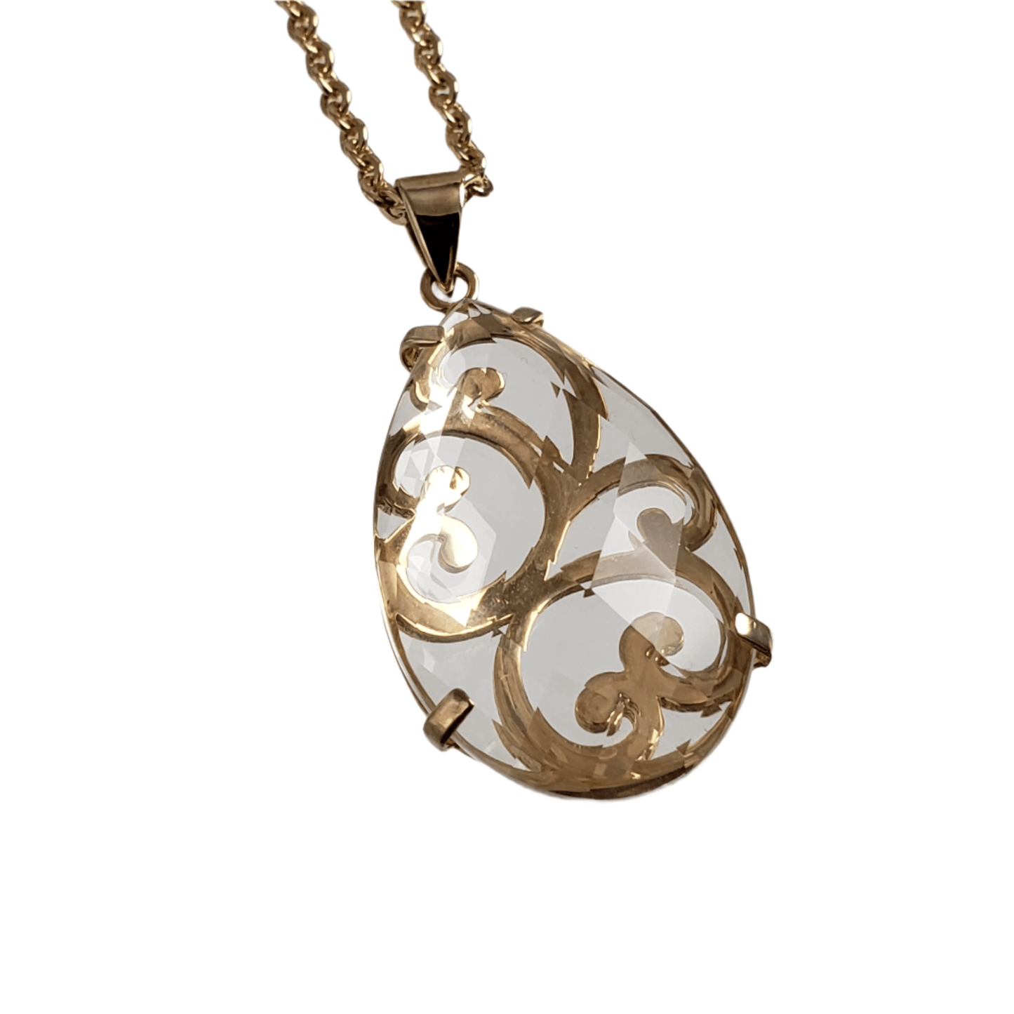 Crystal Quartz Teardrop Filigree Pendant & Chain - TurkishBling