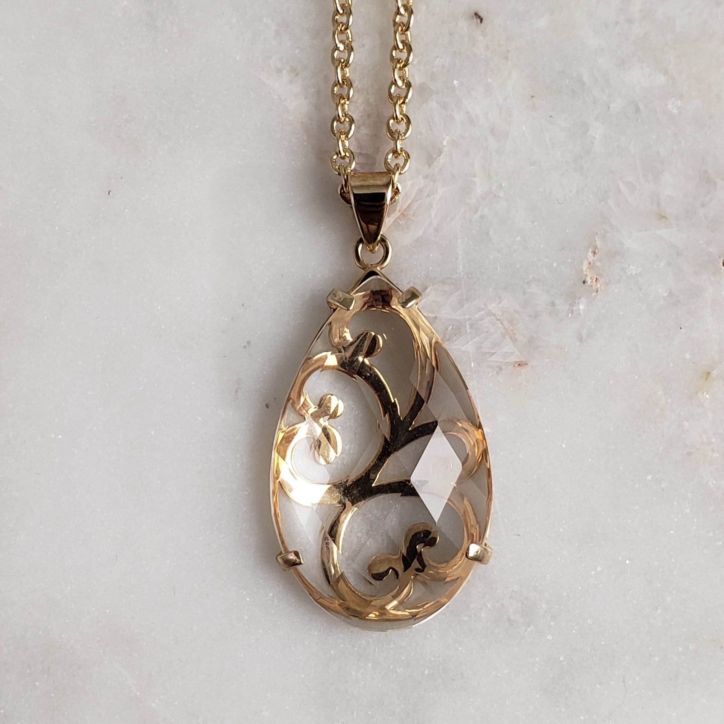 Crystal Quartz Teardrop Filigree Pendant & Chain - TurkishBling