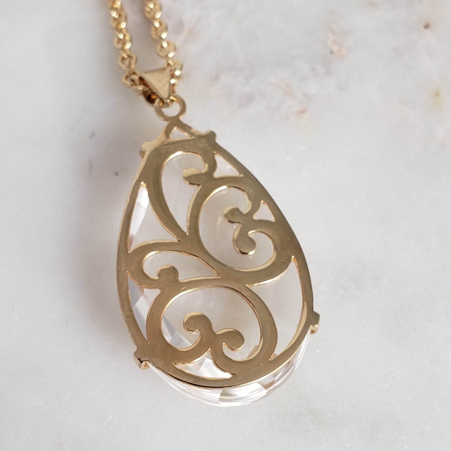 Crystal Quartz Teardrop Filigree Pendant & Chain - TurkishBling