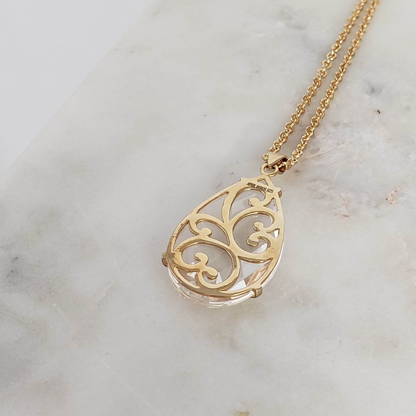 Crystal Quartz Teardrop Filigree Pendant & Chain - TurkishBling
