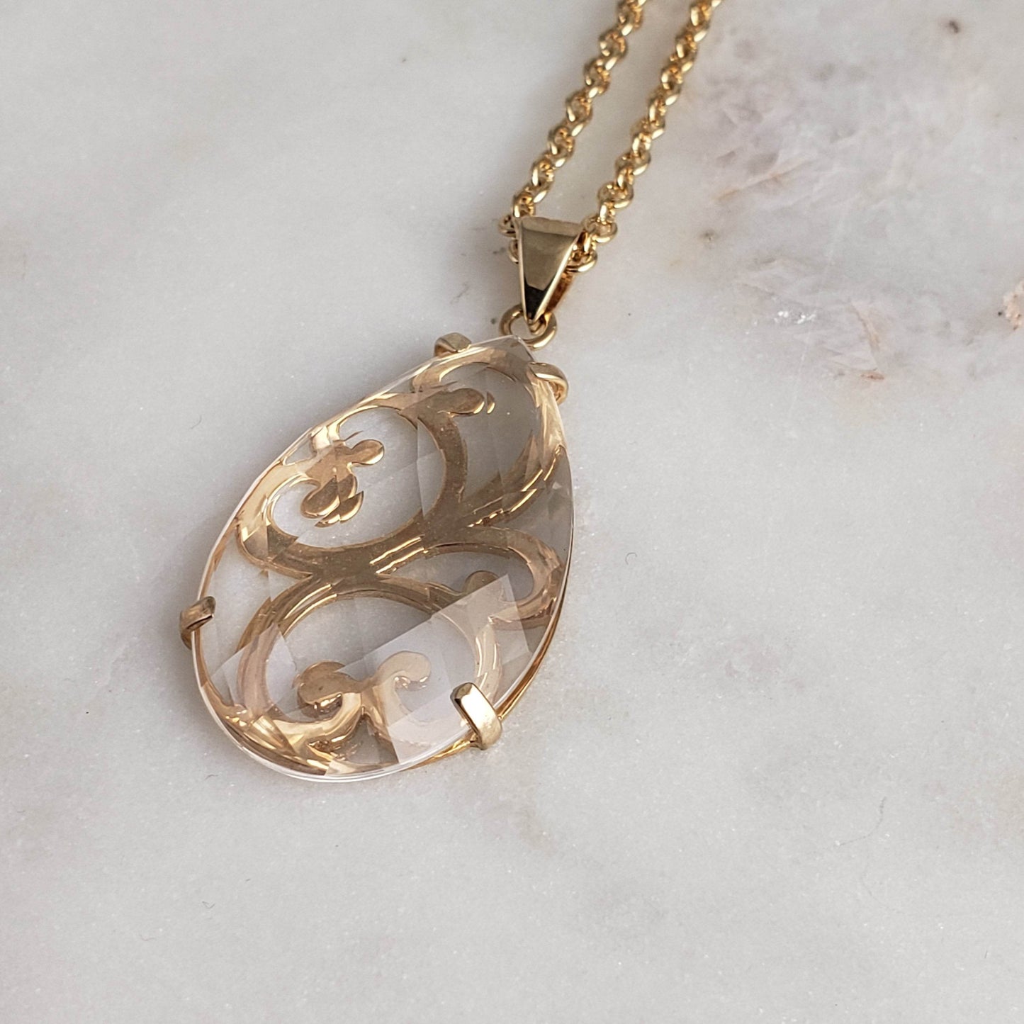Crystal Quartz Teardrop Filigree Pendant & Chain - TurkishBling