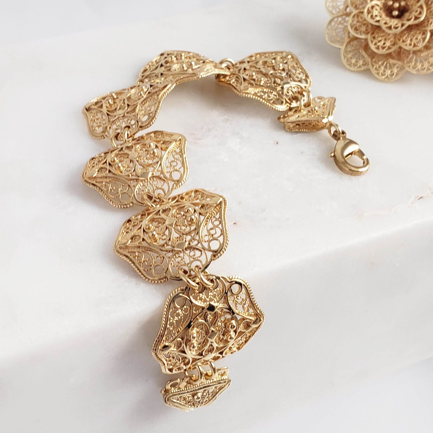 Filigree Panel Bracelet with Floral Scrollwork - TurkishBling