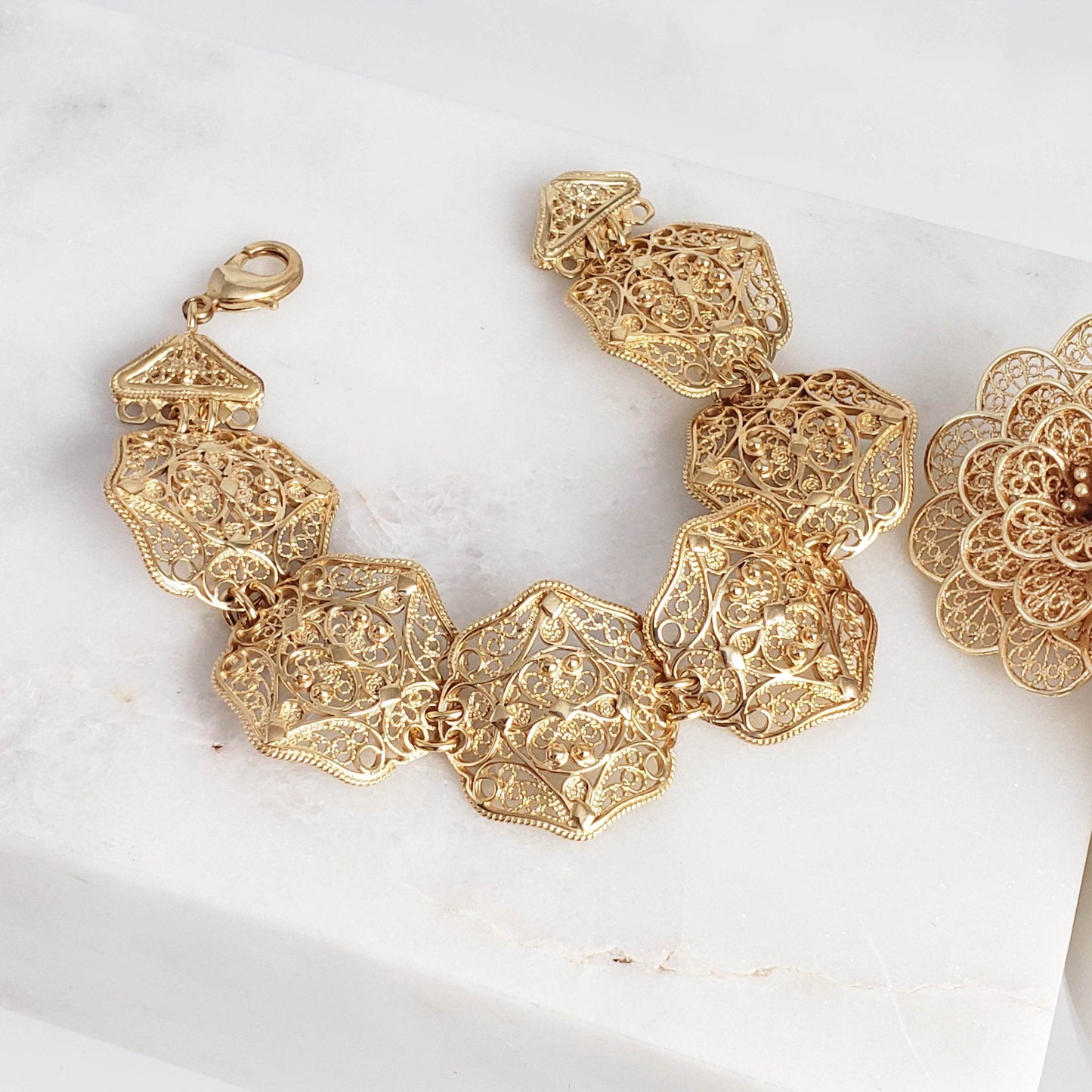Filigree Panel Bracelet with Floral Scrollwork - TurkishBling