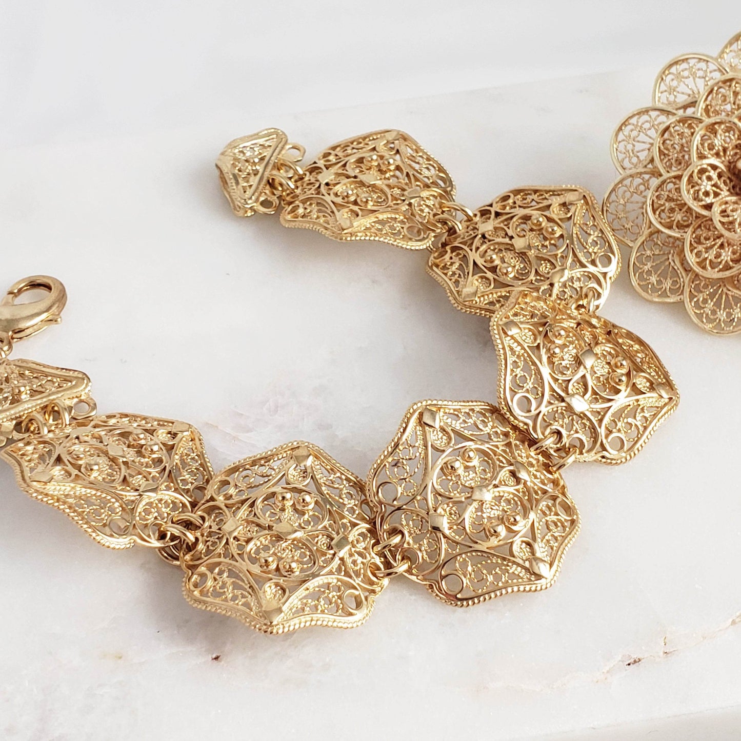 Filigree Panel Bracelet with Floral Scrollwork - TurkishBling