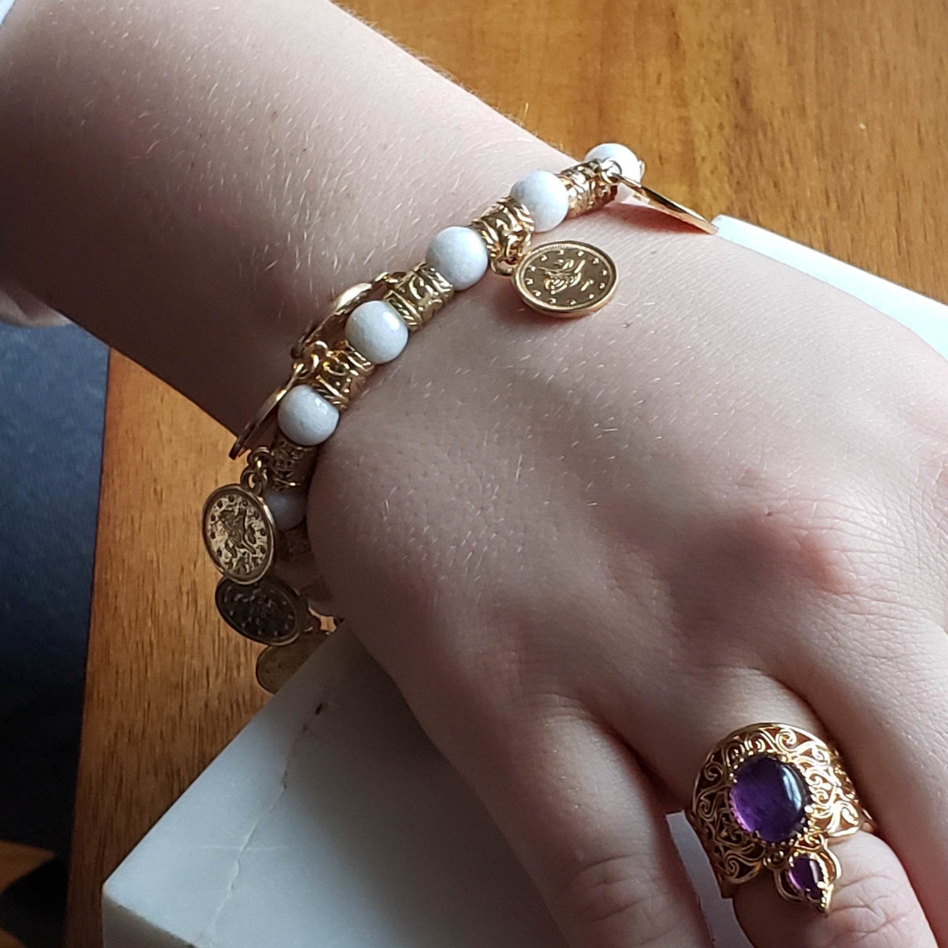 Ottoman Coin and Genuine Gemstone Turquoise Lapis Amethyst Malachite Carnelian White Agate Charm Bracelet - TurkishBling