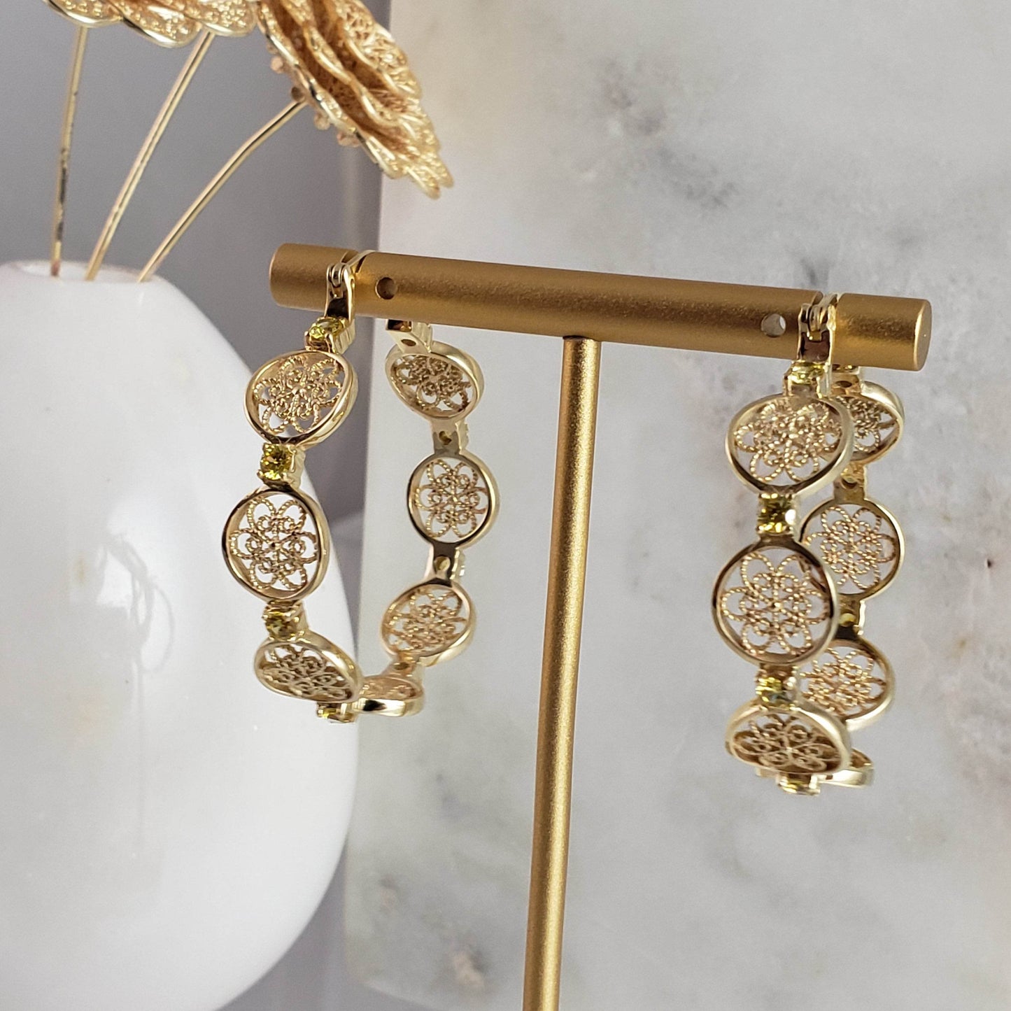 Filigree Floral Hoop Earrings with Gemstones - TurkishBling