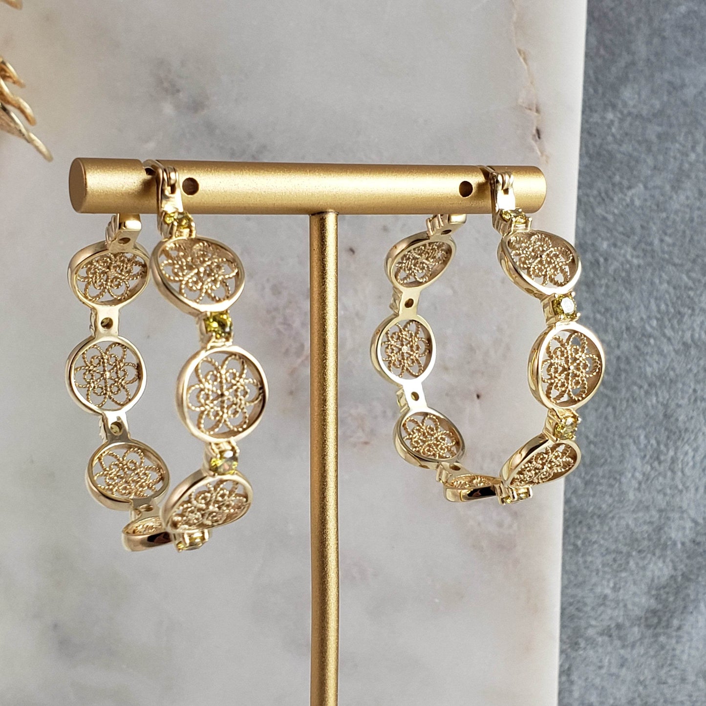 Filigree Floral Hoop Earrings with Gemstones - TurkishBling