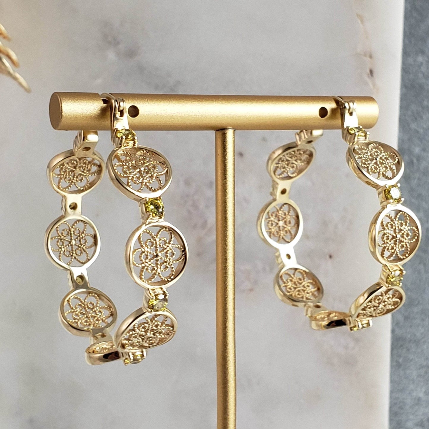 Filigree Floral Hoop Earrings with Gemstones - TurkishBling