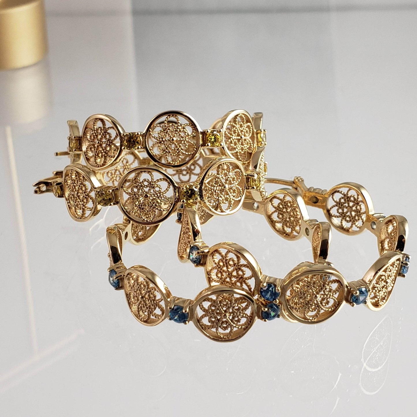 Filigree Floral Hoop Earrings with Gemstones - TurkishBling