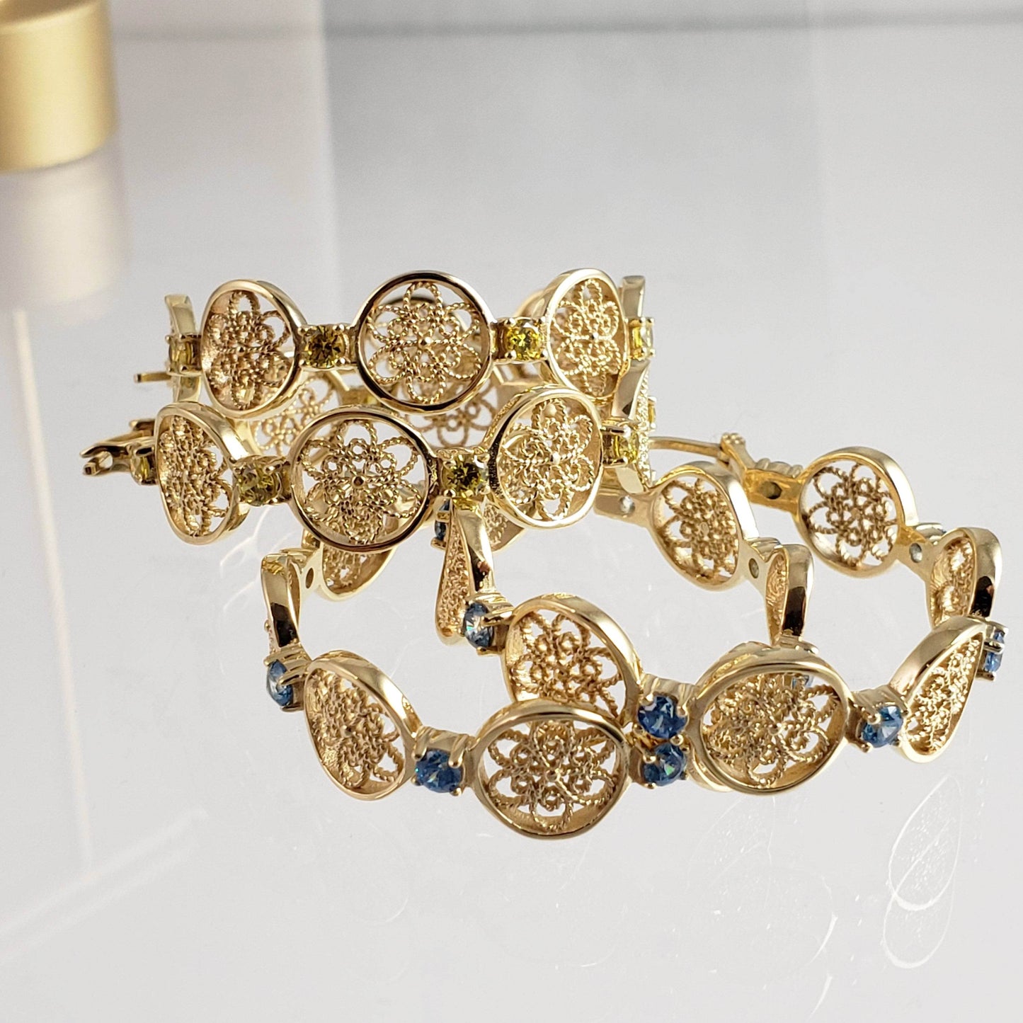 Filigree Floral Hoop Earrings with Gemstones - TurkishBling
