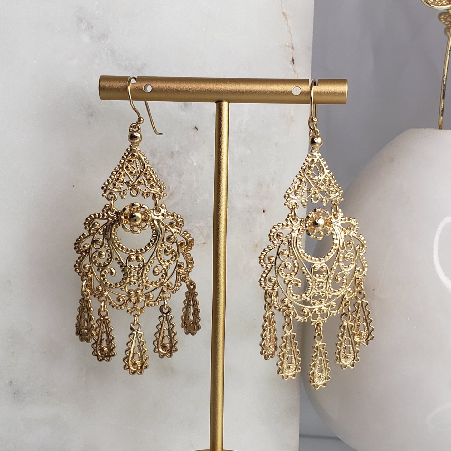 Gold Filigree Chandelier Earrings – Vintage-Inspired 2 3/8 Inch Dangle Earrings