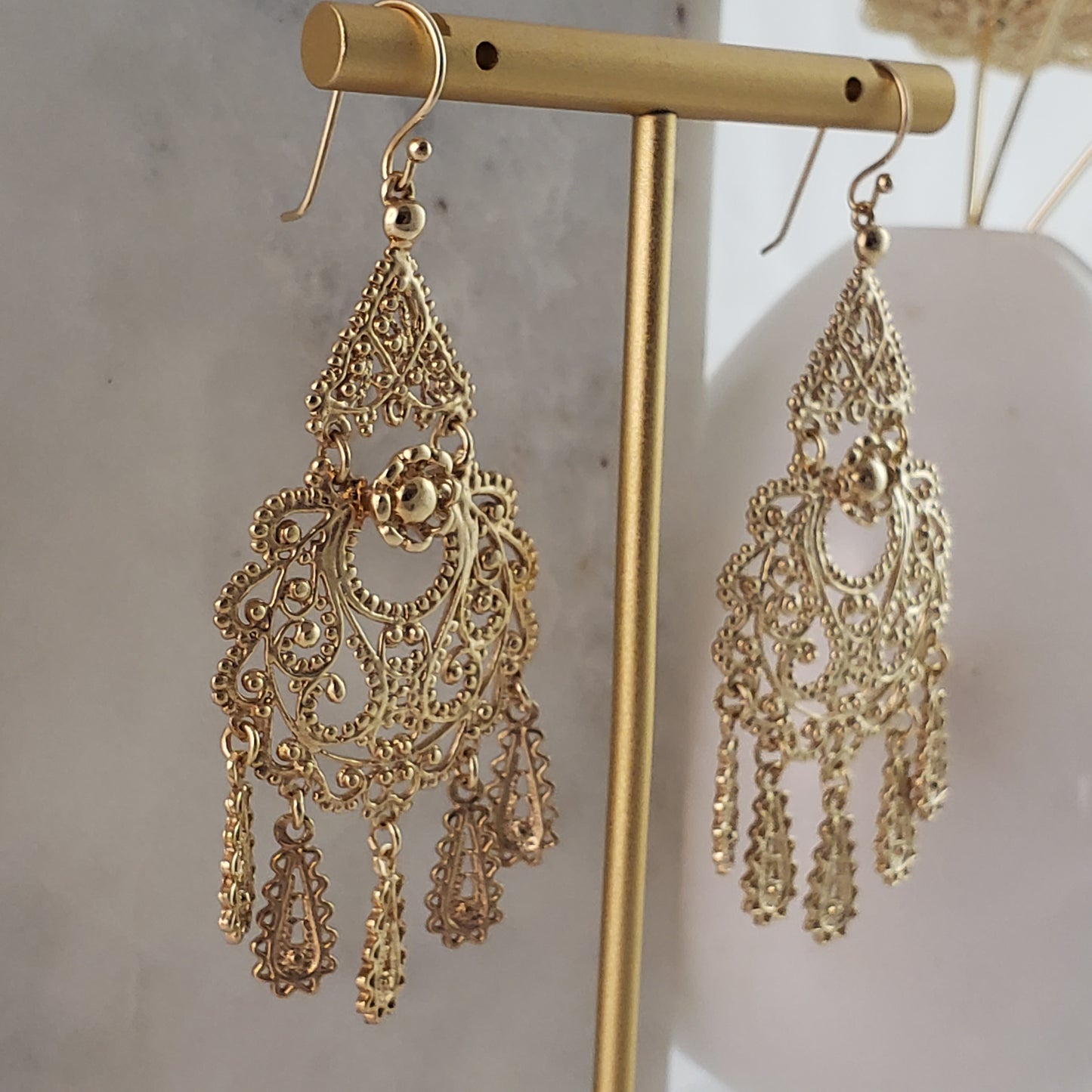 Gold Filigree Chandelier Earrings – Vintage-Inspired 2 3/8 Inch Dangle Earrings