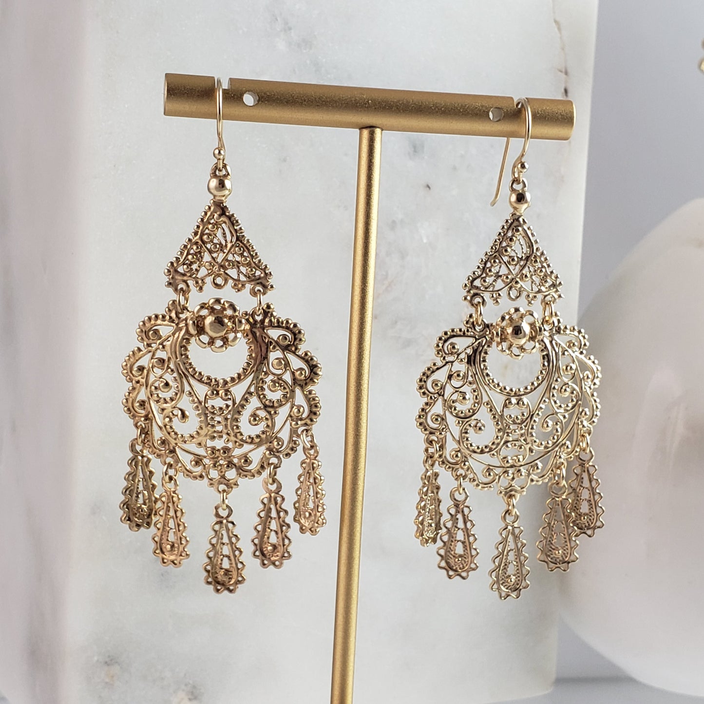 Gold Filigree Chandelier Earrings – Vintage-Inspired 2 3/8 Inch Dangle Earrings